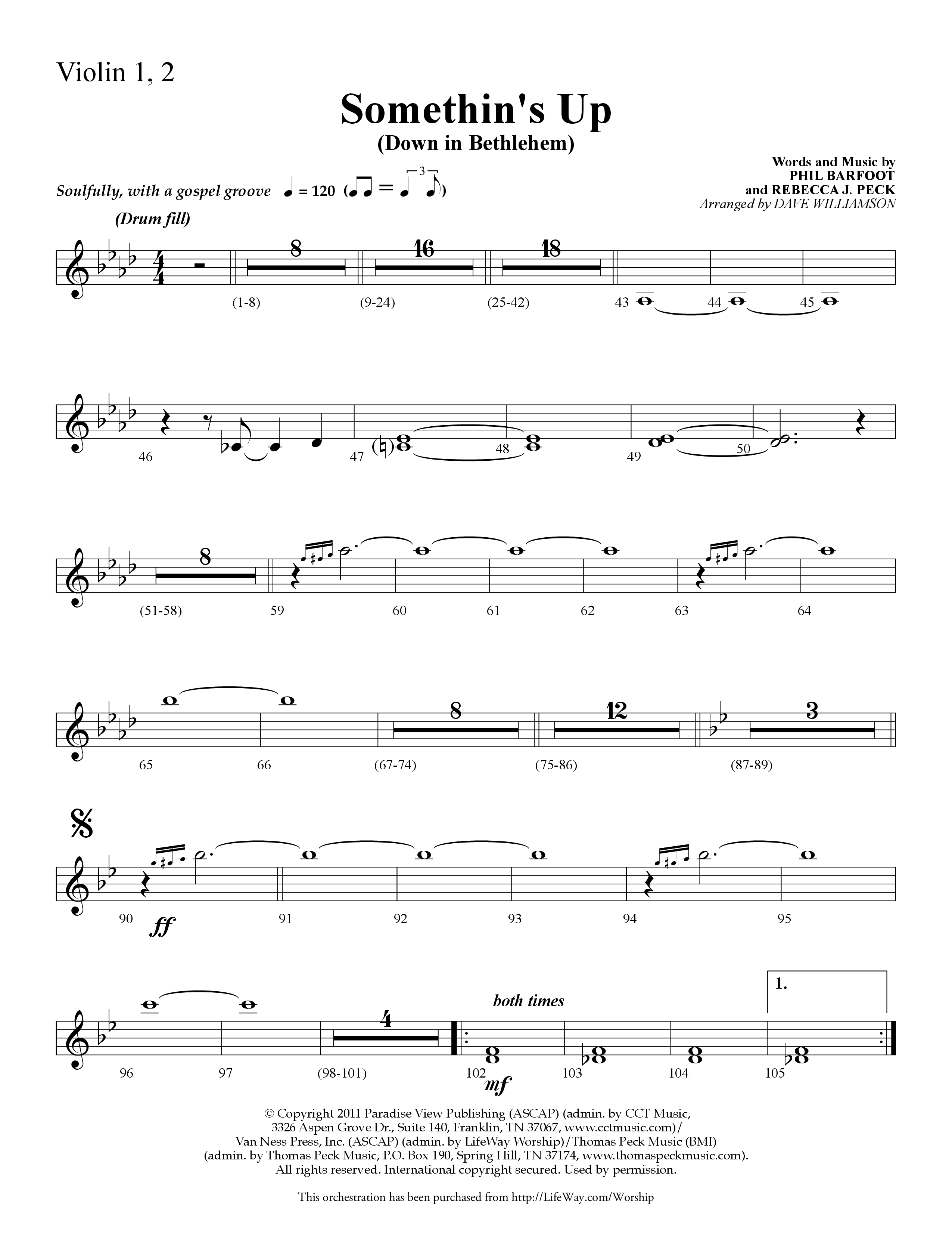 Somethin's Up (Down in Bethlehem) (Choral Anthem SATB) Violin 1/2 (Lifeway Choral / Arr. Dave Williamson)