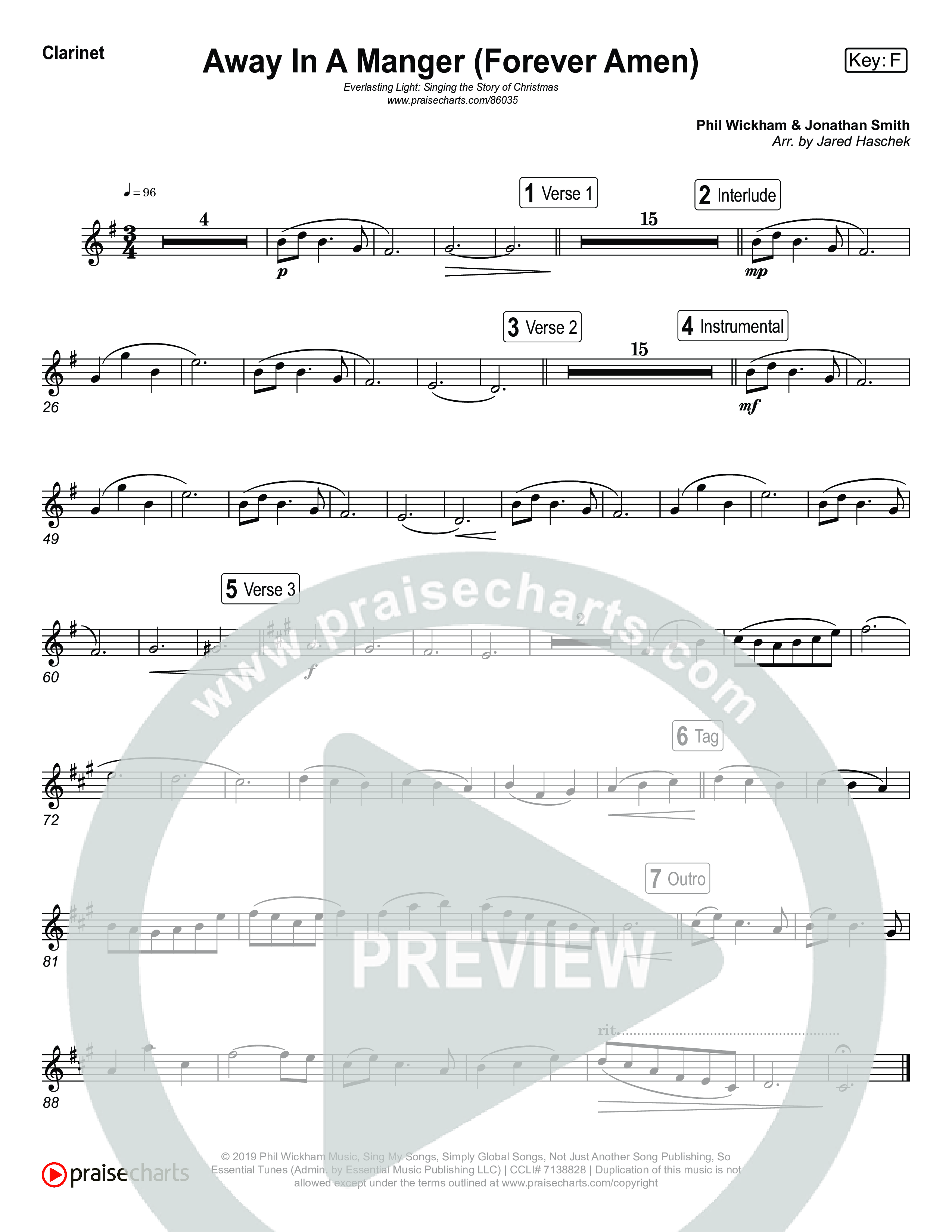 Away In A Manger (Forever Amen) (Live) Clarinet 1,2 (Museum Of The Bible / Indiana Wesleyan University Choir / Arr. Jared Haschek)