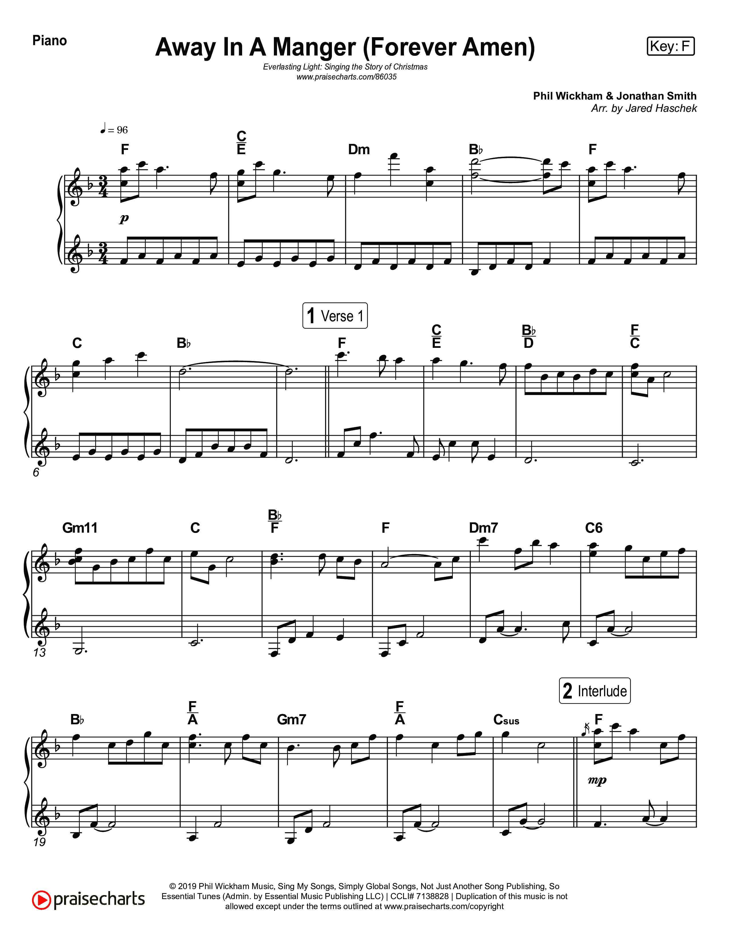 Away In A Manger (Forever Amen) (Live) Piano Sheet (Museum Of The Bible / Indiana Wesleyan University Choir / Arr. Jared Haschek)