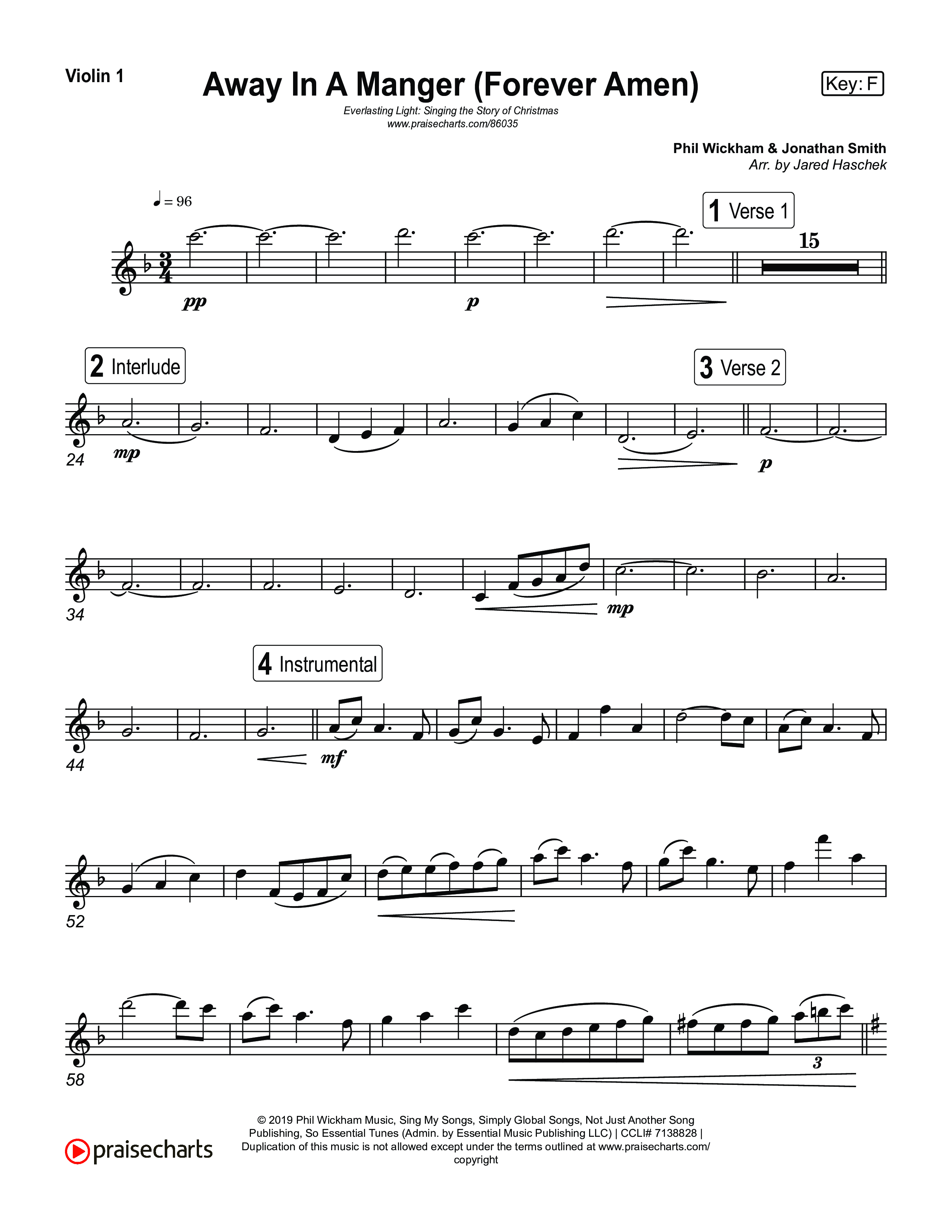 Away In A Manger (Forever Amen) (Live) Violin 1,2 (Museum Of The Bible / Indiana Wesleyan University Choir / Arr. Jared Haschek)