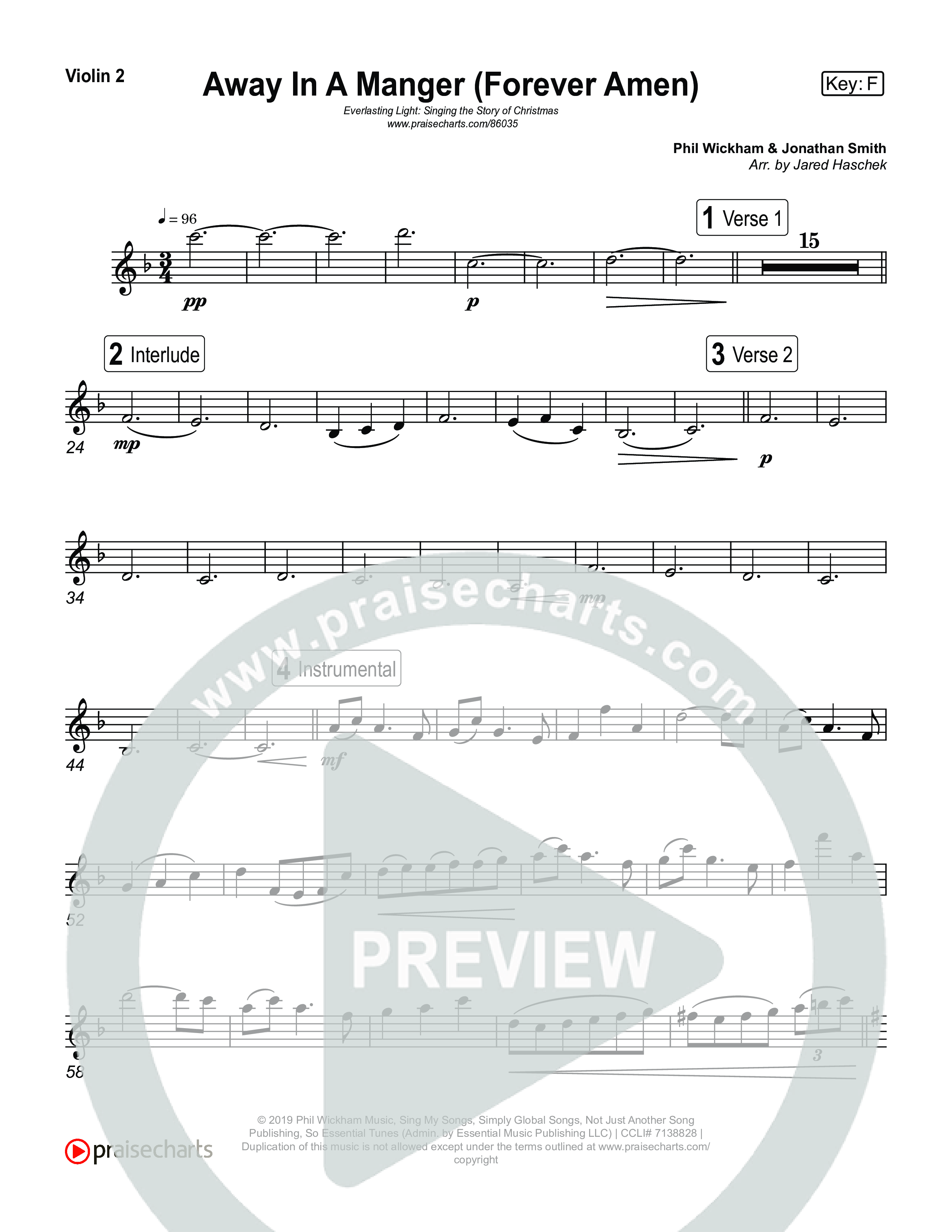 Away In A Manger (Forever Amen) (Live) Violin 1,2 (Museum Of The Bible / Indiana Wesleyan University Choir / Arr. Jared Haschek)