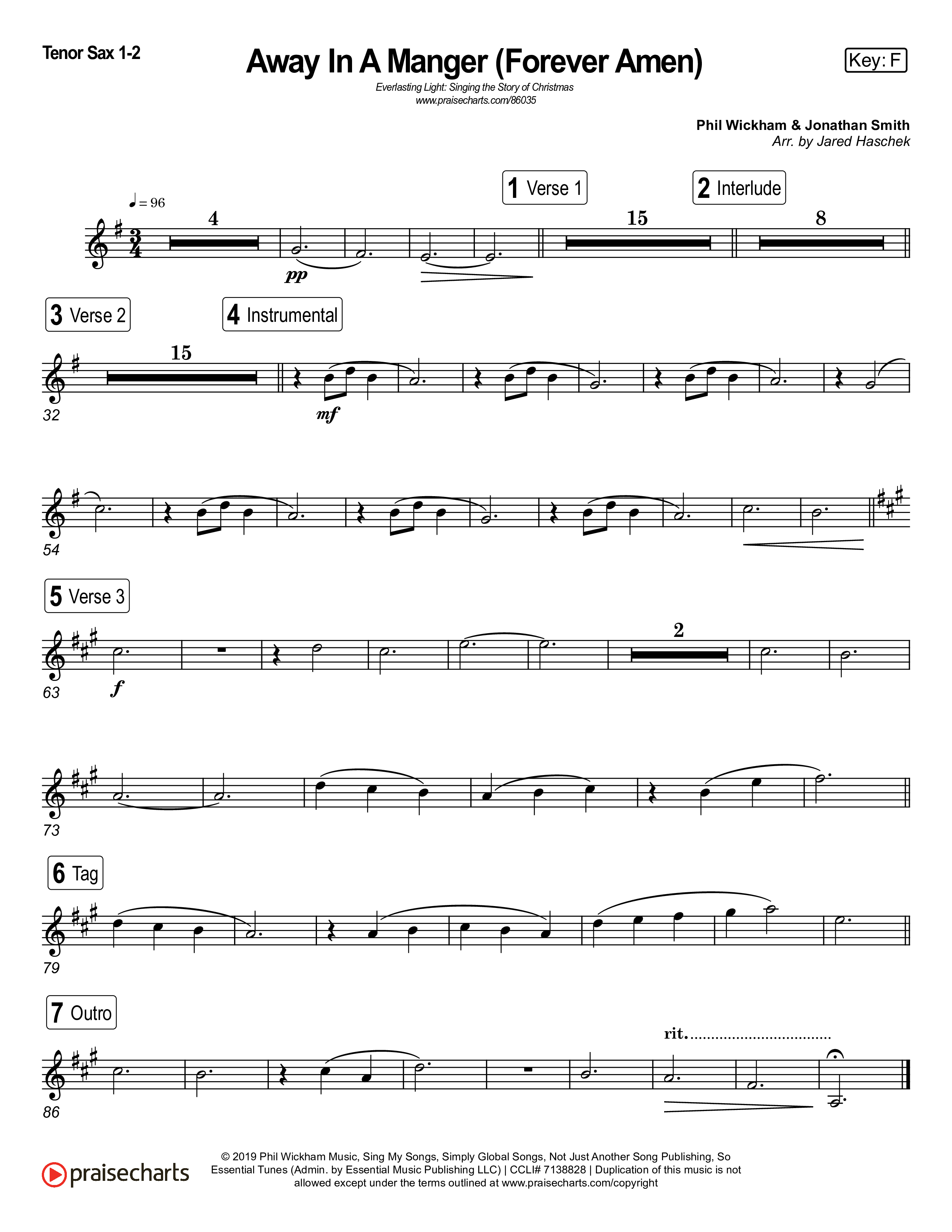 Away In A Manger (Forever Amen) (Live) Tenor Sax 1,2 (Museum Of The Bible / Indiana Wesleyan University Choir / Arr. Jared Haschek)