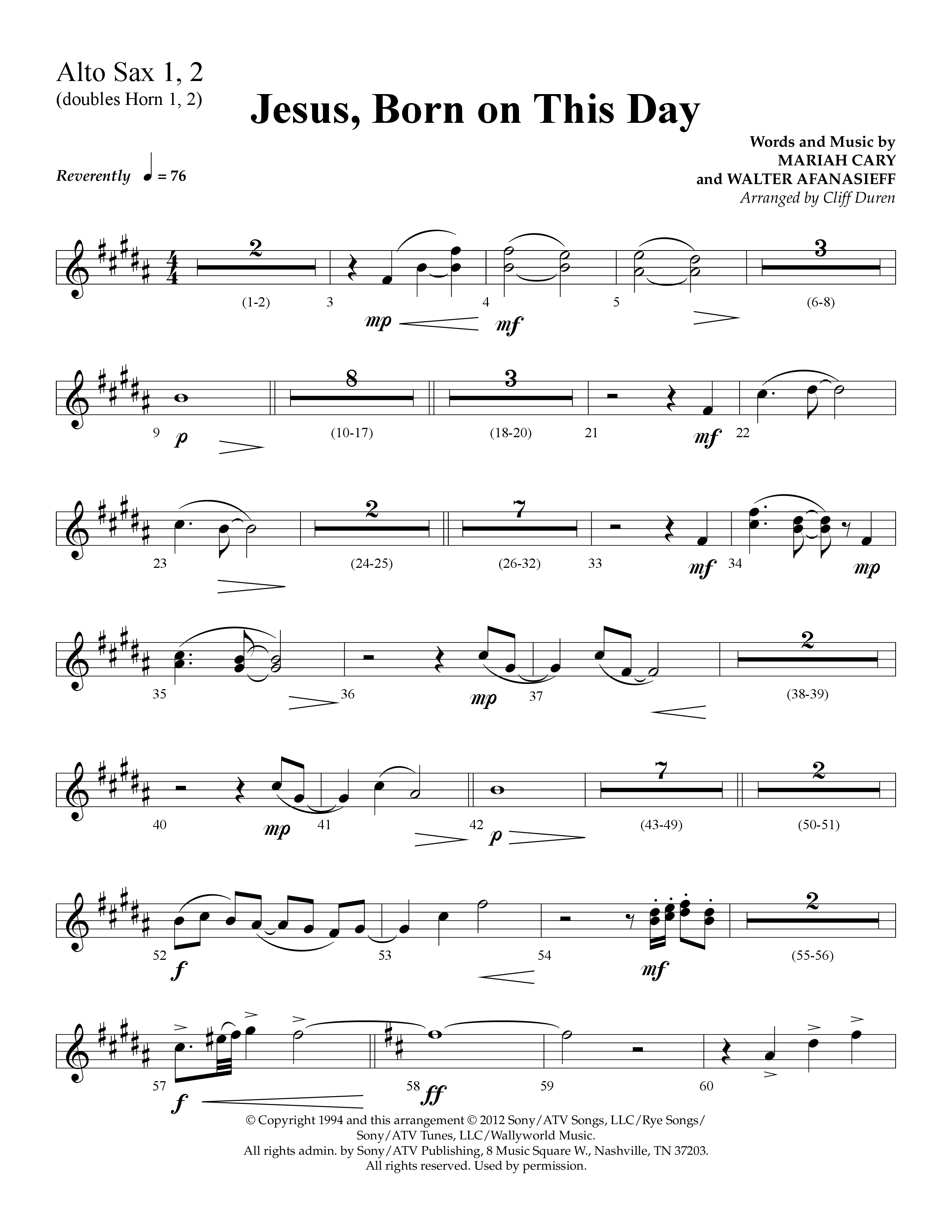 Jesus Born On This Day (Choral Anthem SATB) Alto Sax 1/2 (Lifeway Choral / Arr. Cliff Duren)