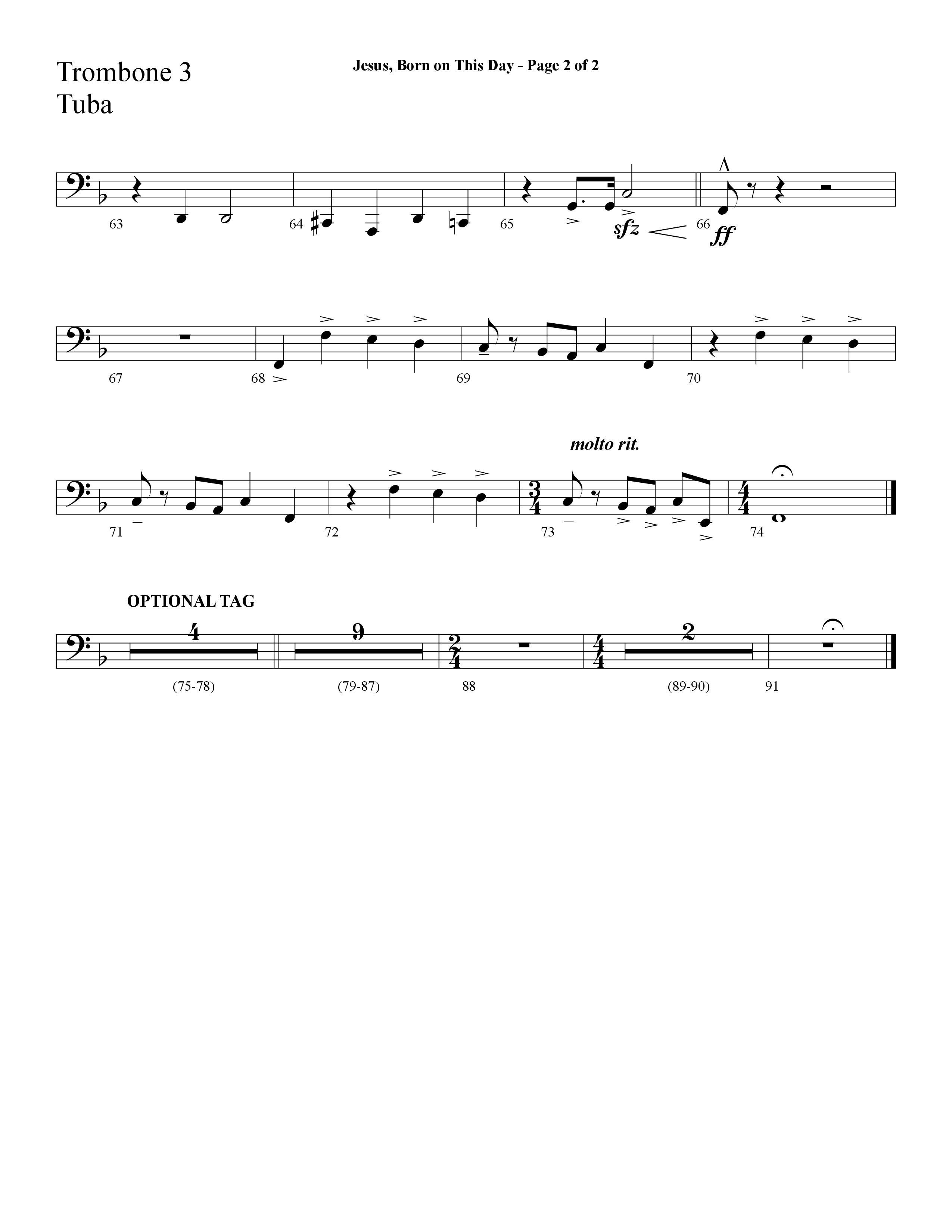 Jesus Born On This Day (Choral Anthem SATB) Trombone 3/Tuba (Lifeway Choral / Arr. Cliff Duren)