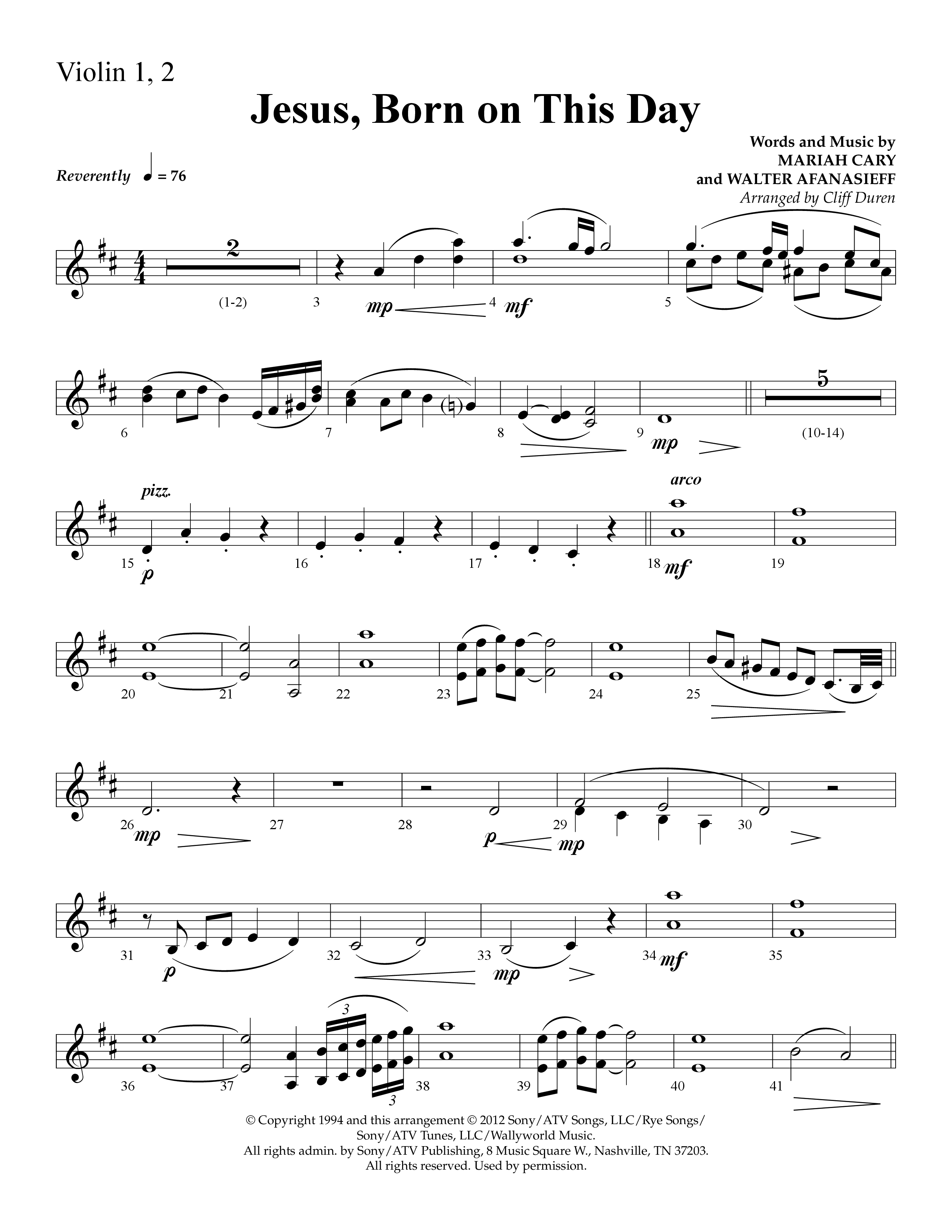 Jesus Born On This Day (Choral Anthem SATB) Violin 1/2 (Lifeway Choral / Arr. Cliff Duren)