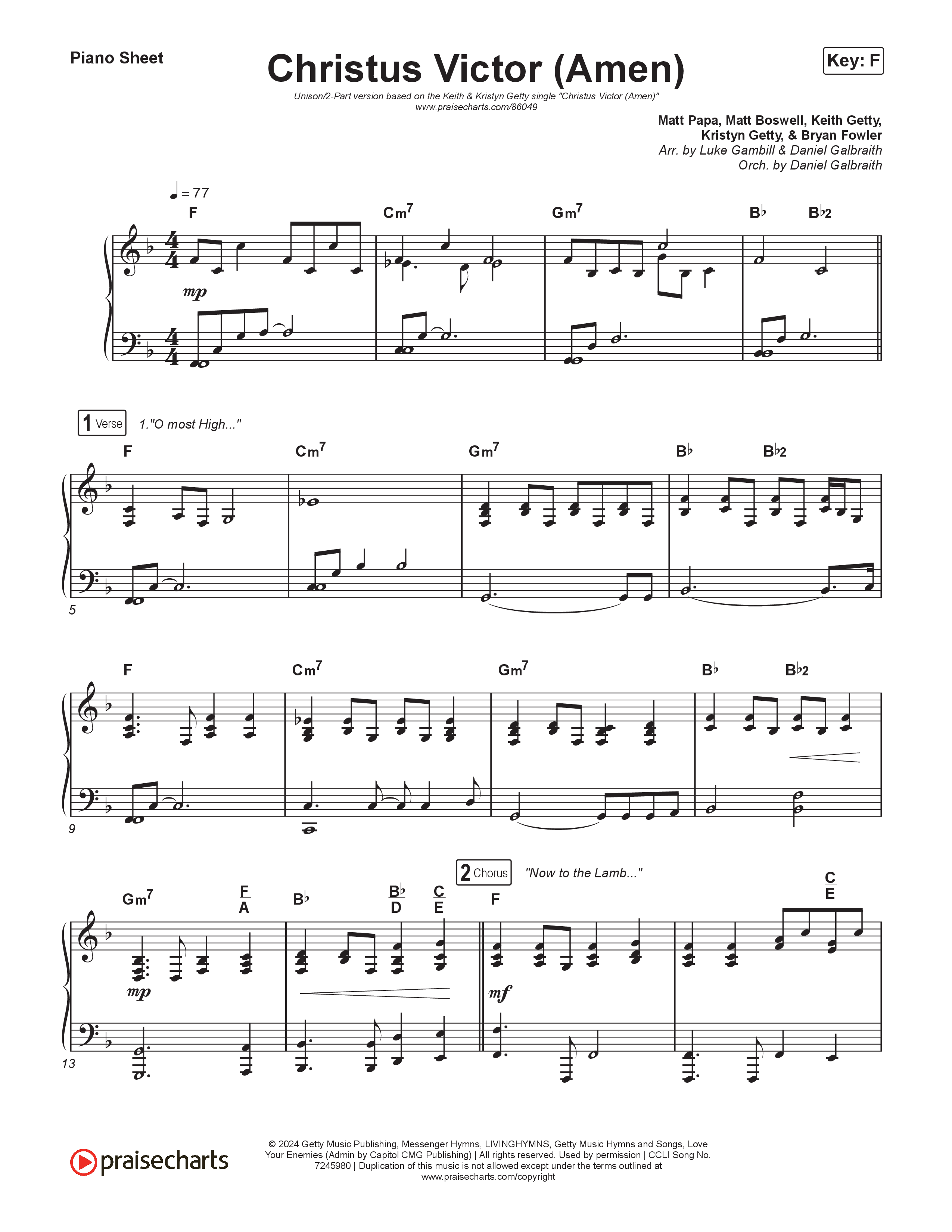 Christus Victor (Amen) (Unison/2-Part) Piano Sheet (Keith & Kristyn Getty / Arr. Luke Gambill)