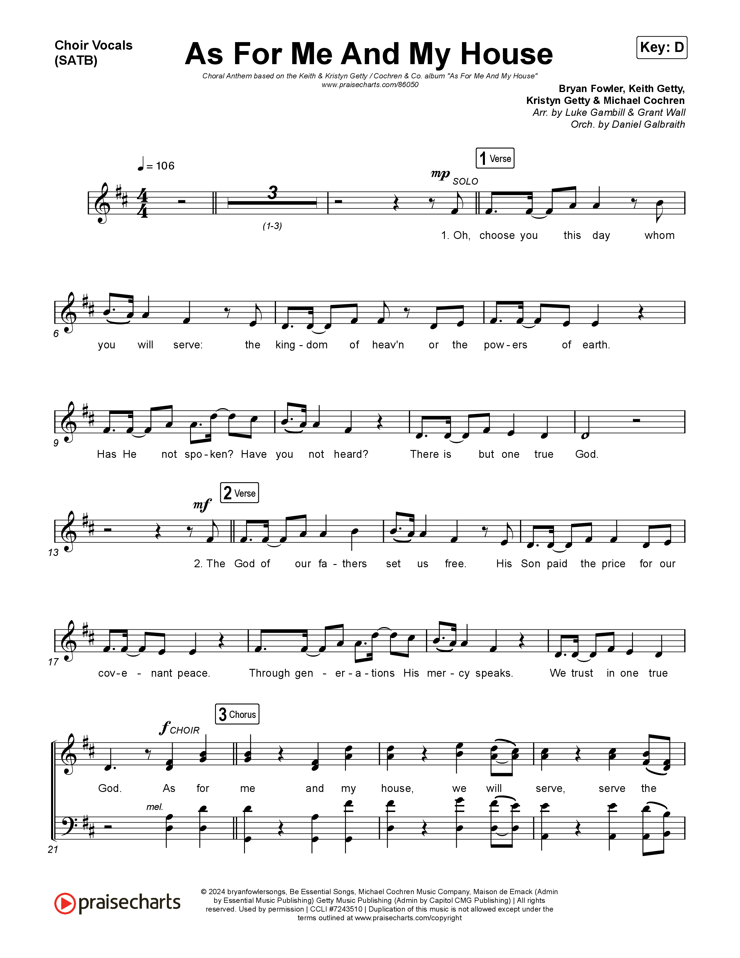 As For Me And My House (Choral Anthem SATB) Choir Sheet (SATB) (Keith & Kristyn Getty / Cochren & Co / Arr. Luke Gambill)