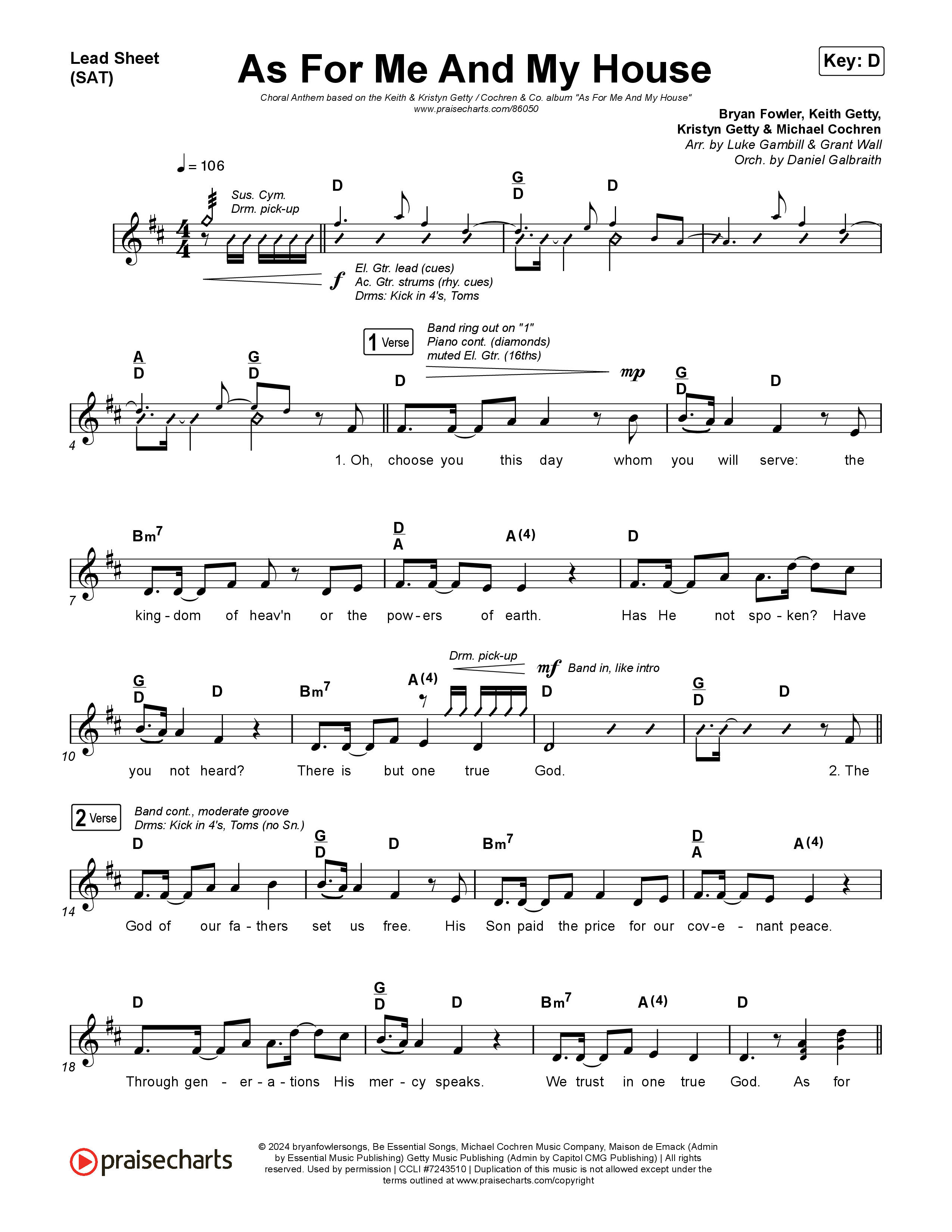 As For Me And My House (Choral Anthem SATB) Lead Sheet (SAT) (Keith & Kristyn Getty / Cochren & Co / Arr. Luke Gambill)