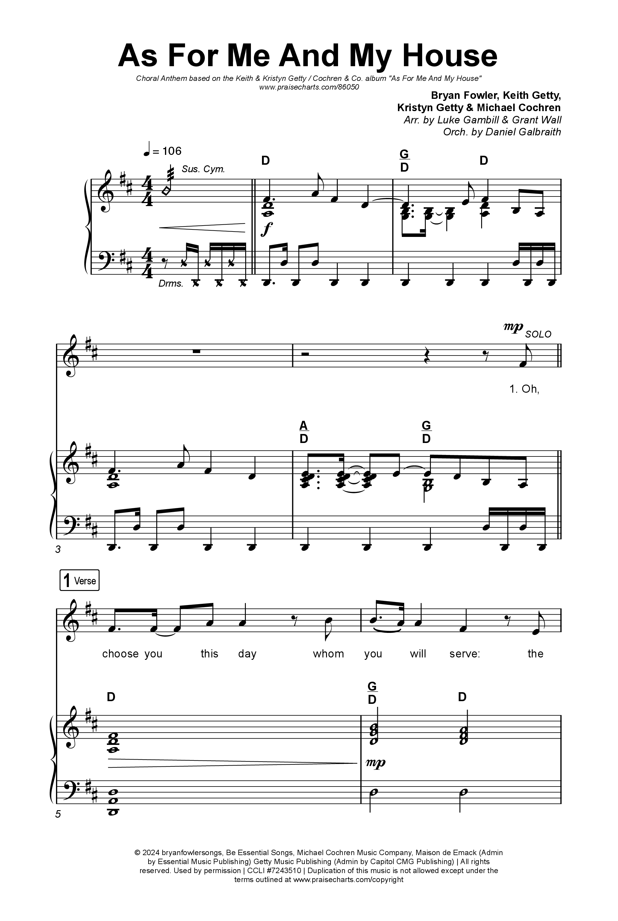 As For Me And My House (Choral Anthem SATB) Octavo (SATB & Pno) (Keith & Kristyn Getty / Cochren & Co / Arr. Luke Gambill)