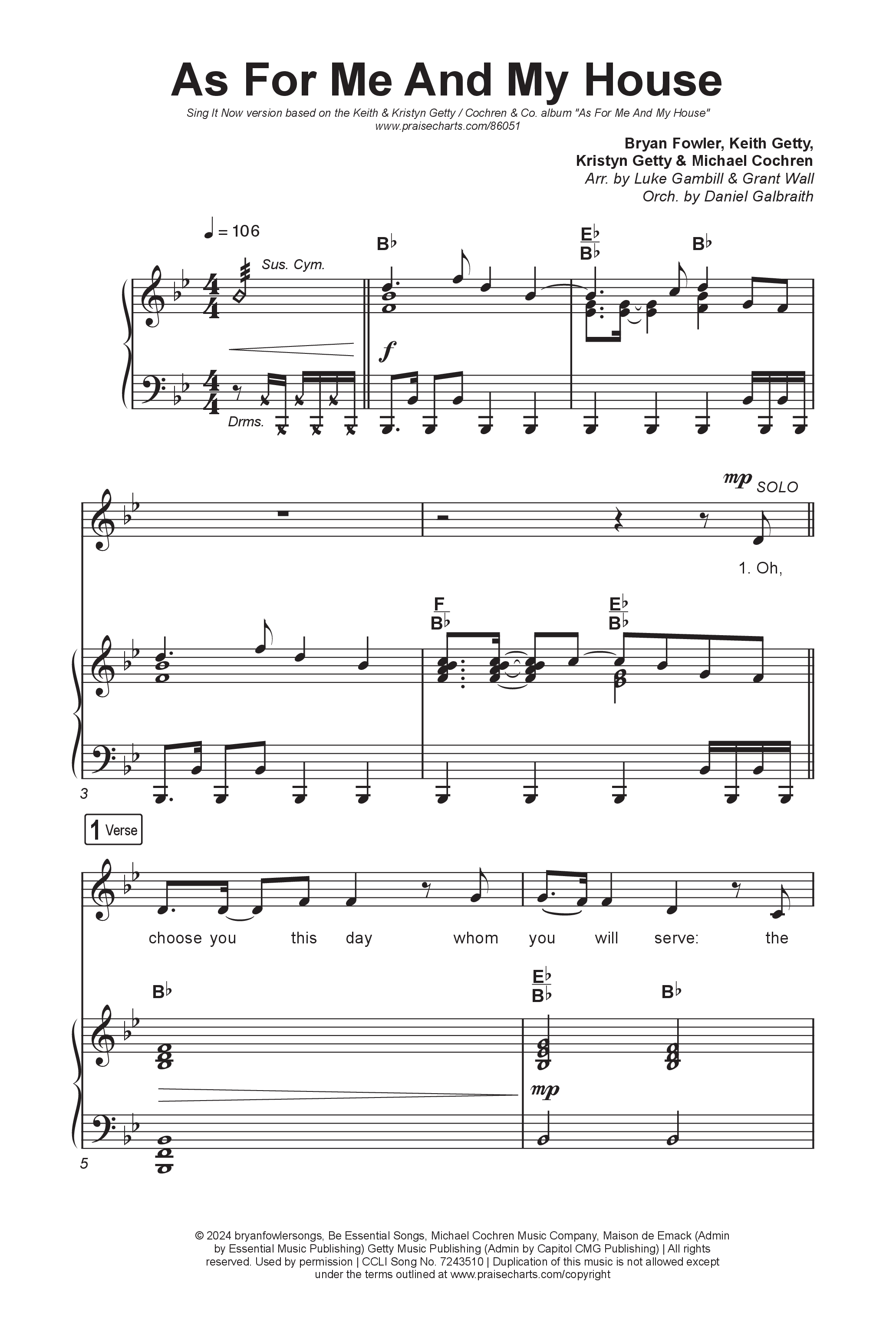 As For Me And My House (Sing It Now) Octavo (SATB & Pno) (Keith & Kristyn Getty / Cochren & Co / Arr. Luke Gambill)