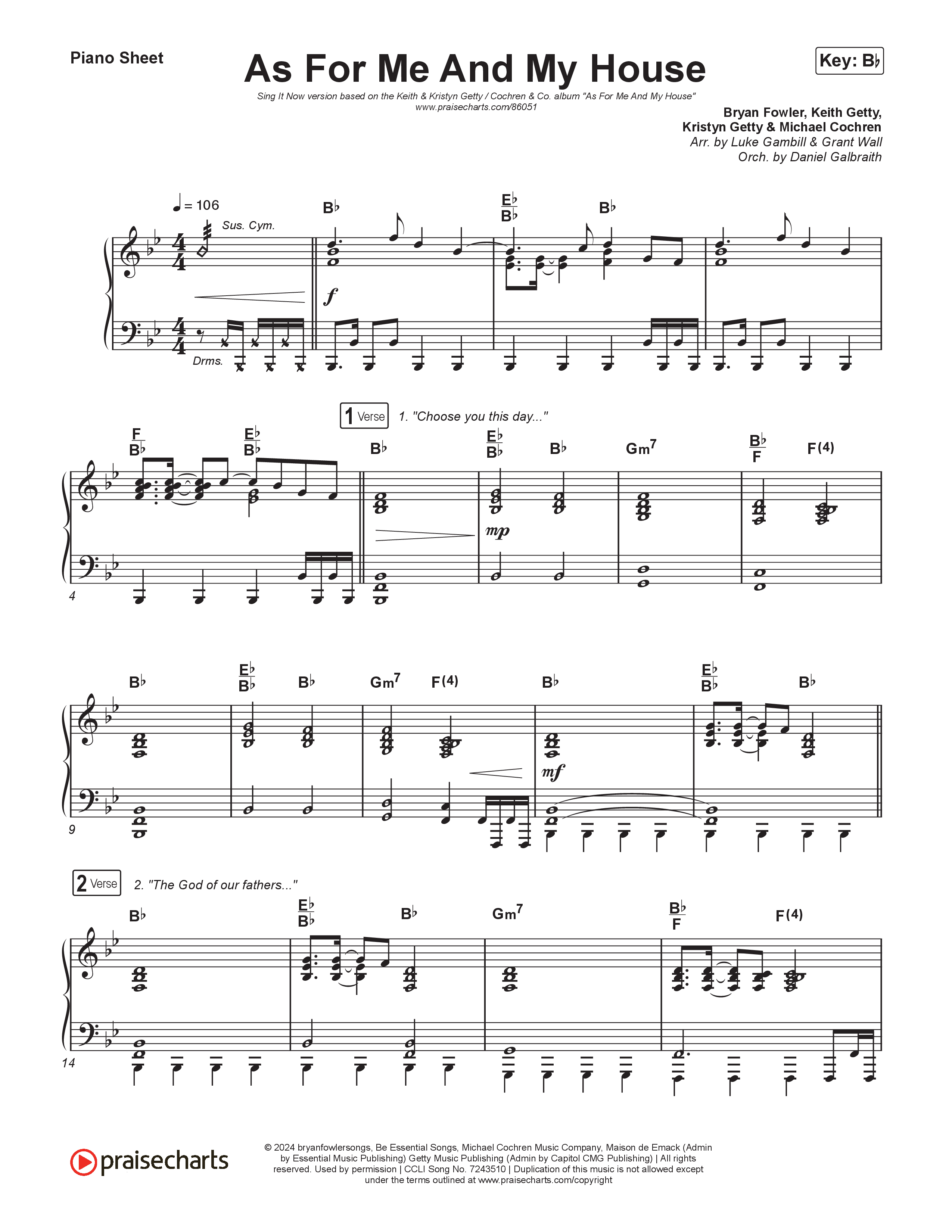 As For Me And My House (Sing It Now) Piano Sheet (Keith & Kristyn Getty / Cochren & Co / Arr. Luke Gambill)
