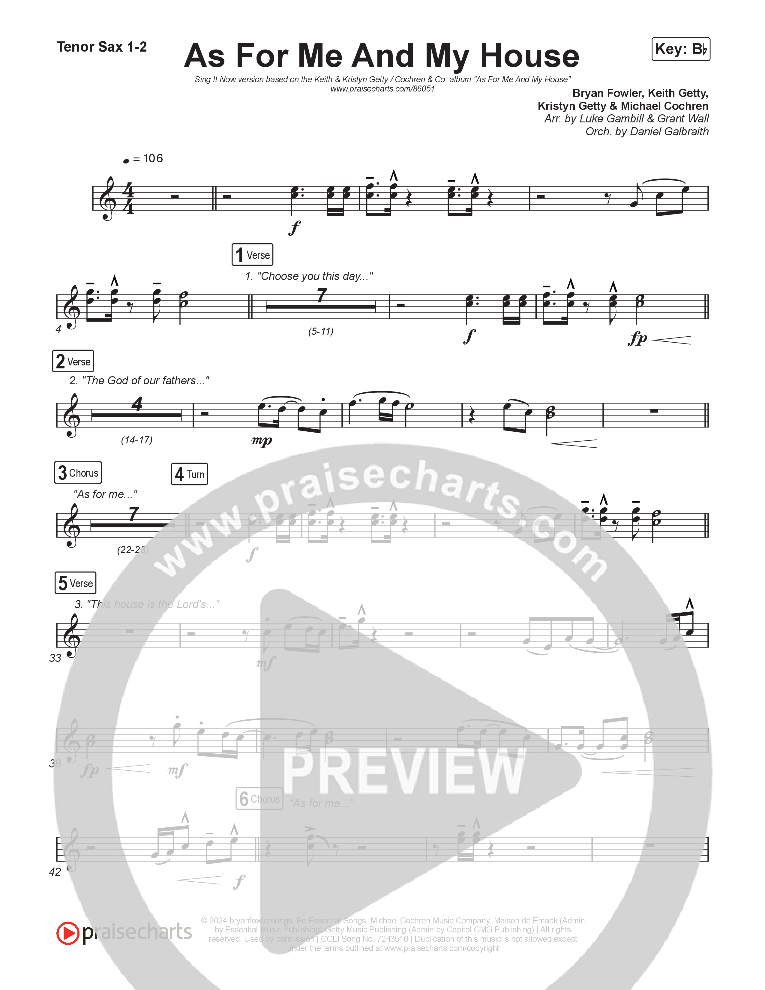 As For Me And My House (Sing It Now) Tenor Sax 1/2 (Keith & Kristyn Getty / Cochren & Co / Arr. Luke Gambill)