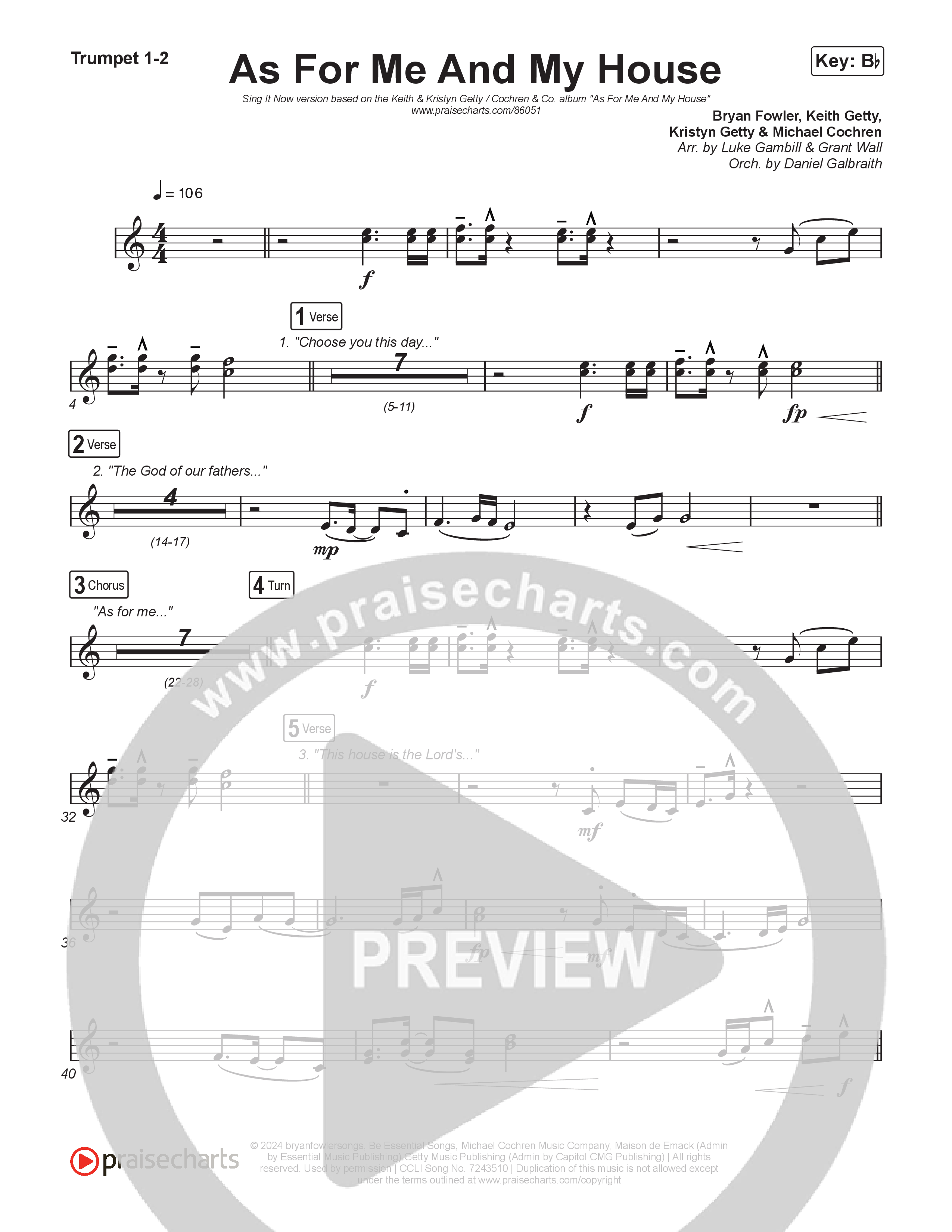 As For Me And My House (Sing It Now) Trumpet 1,2 (Keith & Kristyn Getty / Cochren & Co / Arr. Luke Gambill)