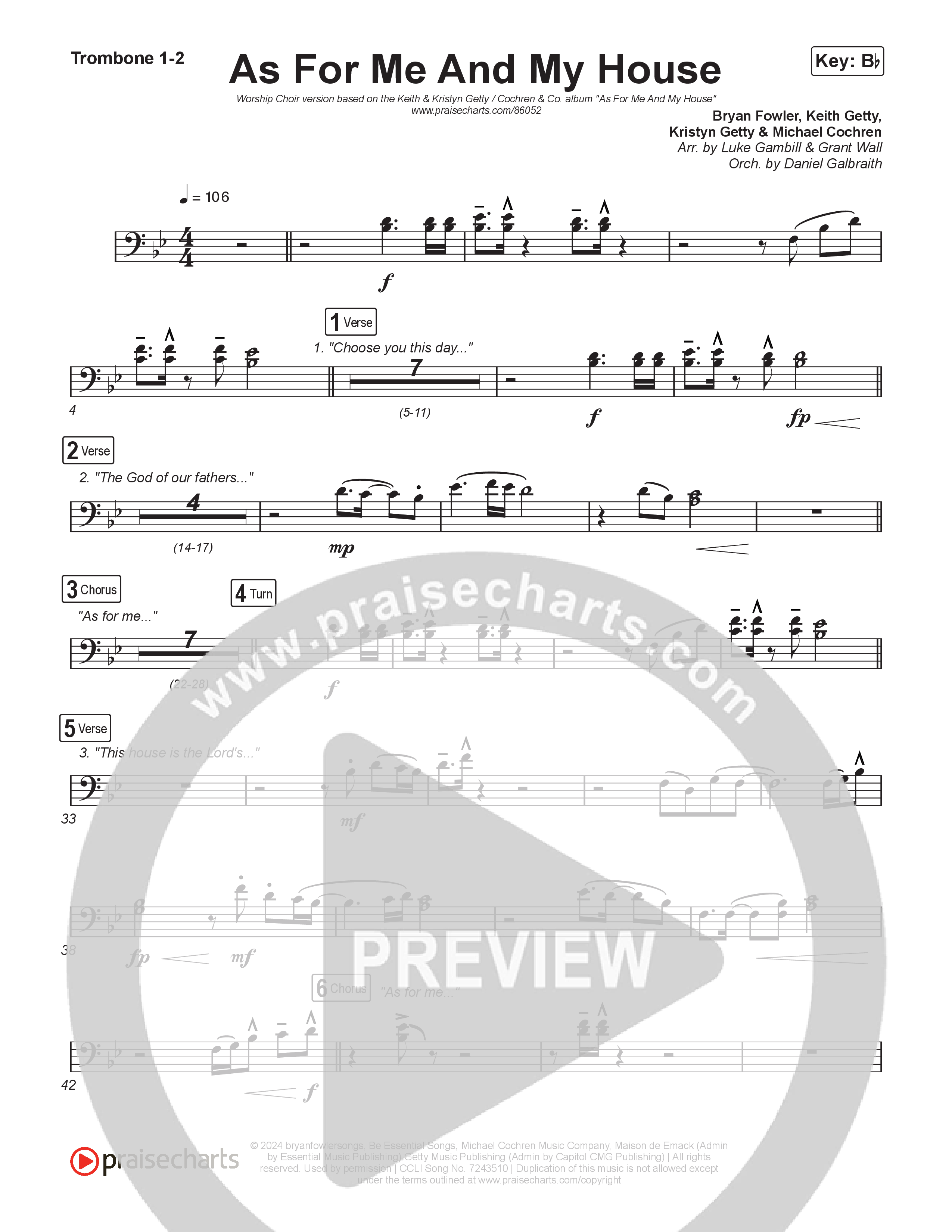 As For Me And My House (Worship Choir/SAB) Trombone 1/2 (Keith & Kristyn Getty / Cochren & Co / Arr. Luke Gambill)