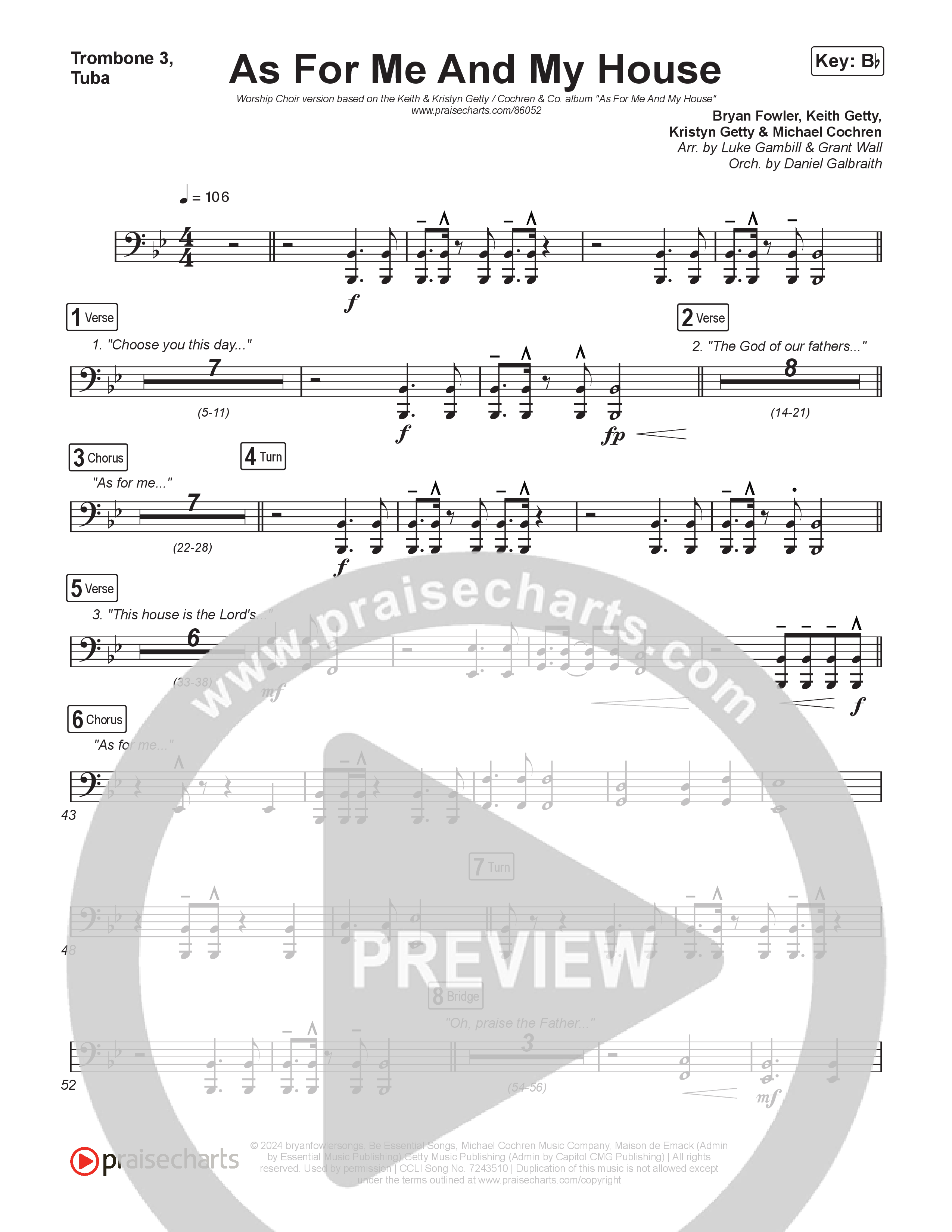 As For Me And My House (Worship Choir/SAB) Trombone 3/Tuba (Keith & Kristyn Getty / Cochren & Co / Arr. Luke Gambill)