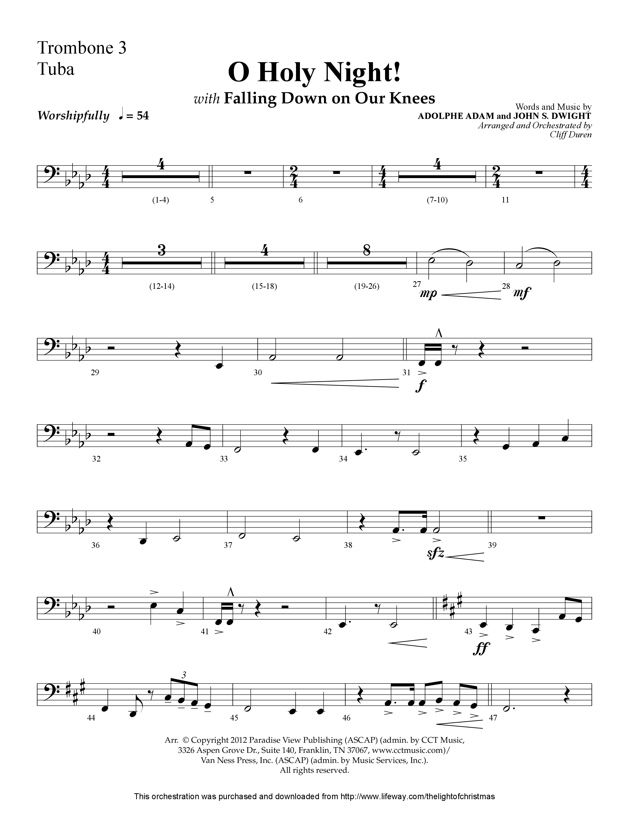 O Holy Night (with Falling Down On Our Knees) (Choral Anthem SATB) Trombone 3/Tuba (Lifeway Choral / Arr. Cliff Duren)