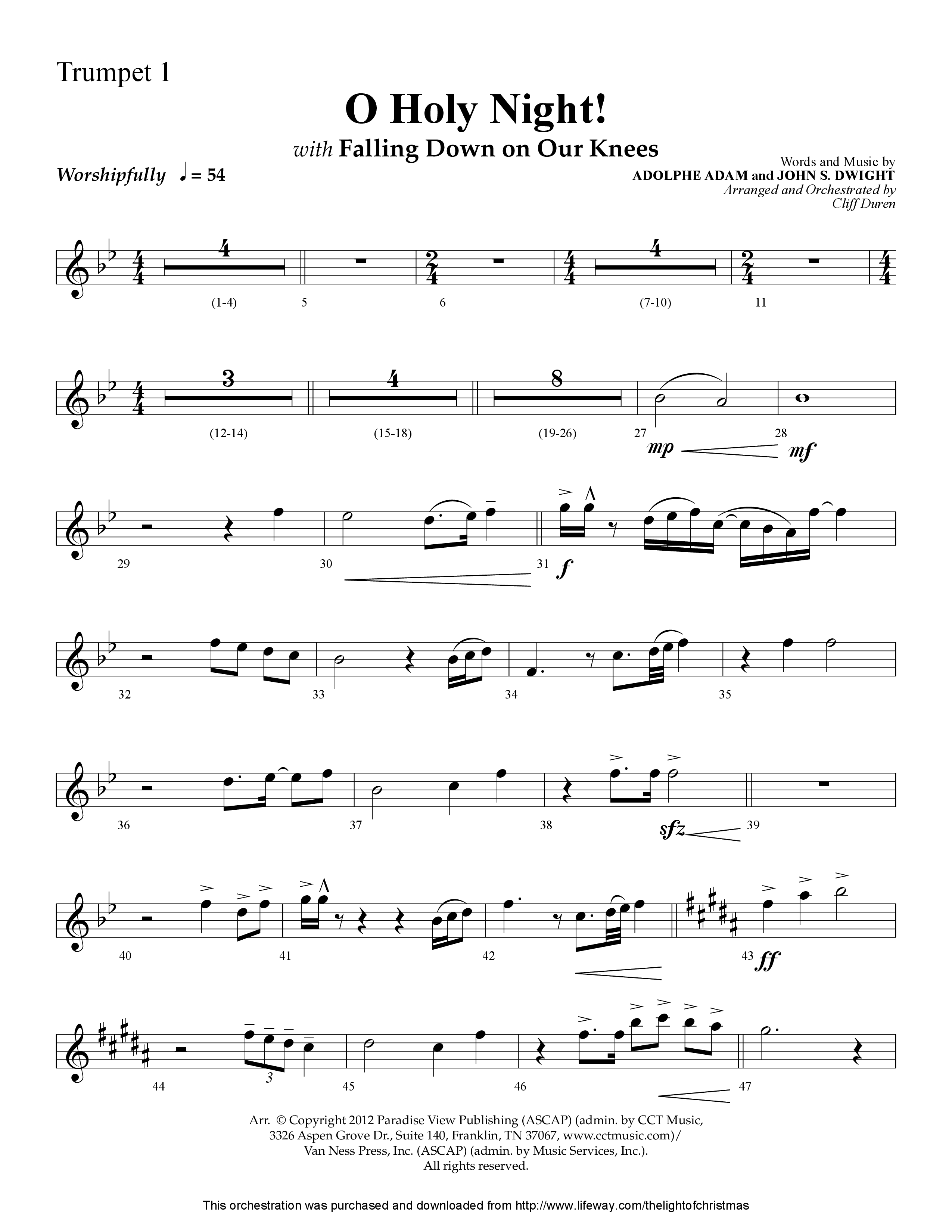 O Holy Night (with Falling Down On Our Knees) (Choral Anthem SATB) Trumpet 1 (Lifeway Choral / Arr. Cliff Duren)