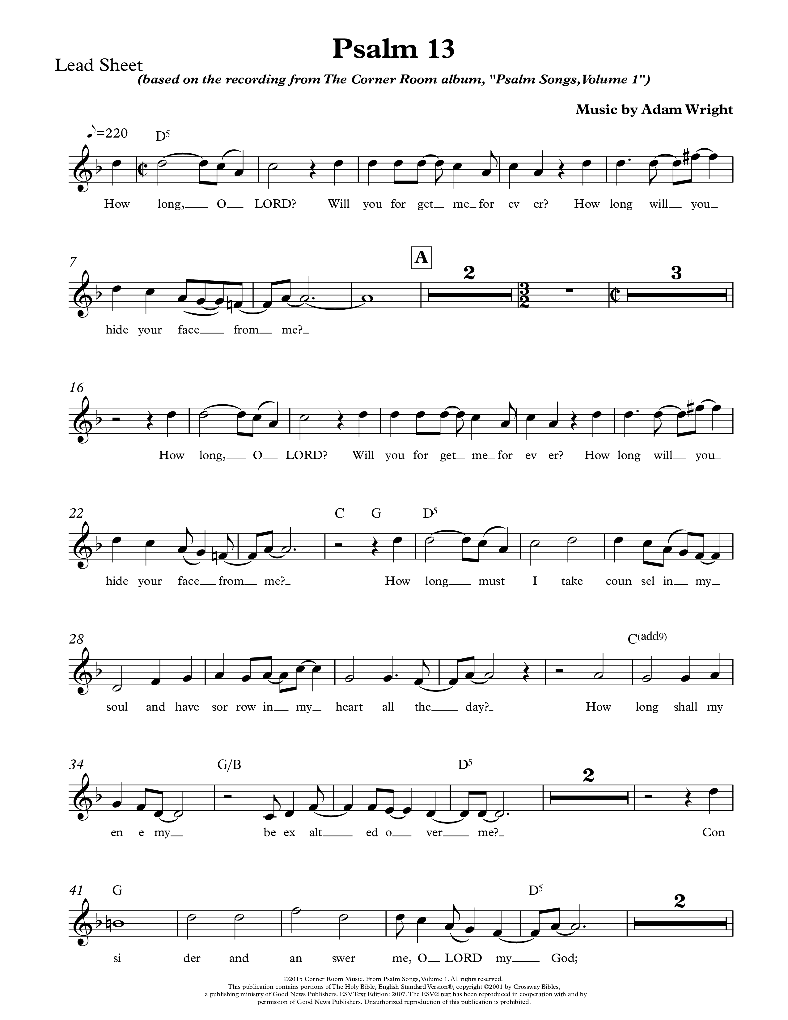 Psalm 13 Lead Sheet Melody (The Corner Room)