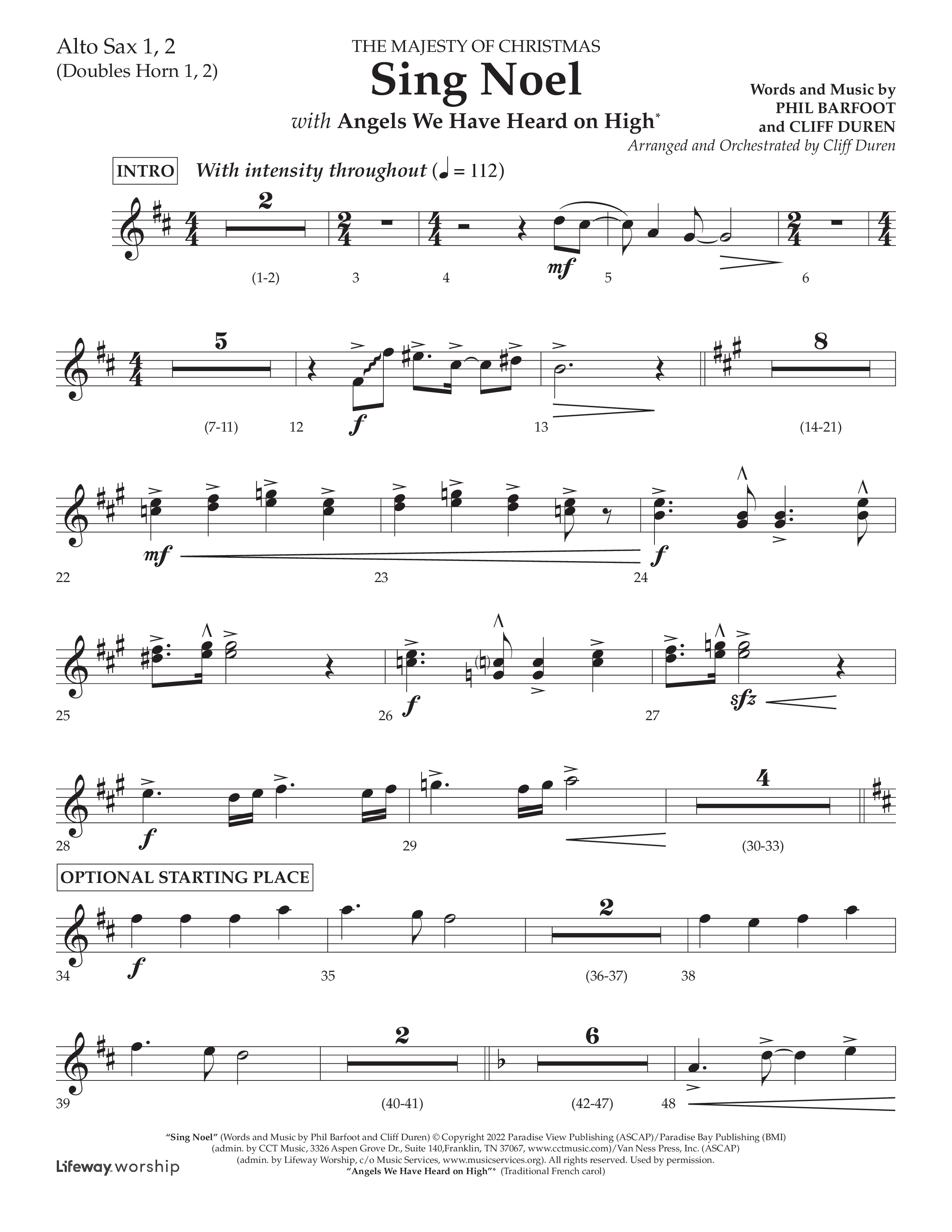 Sing Noel (with Angels We Have Heard on High) (Choral Anthem SATB) Alto Sax 1/2 (Lifeway Choral / Arr. Cliff Duren)