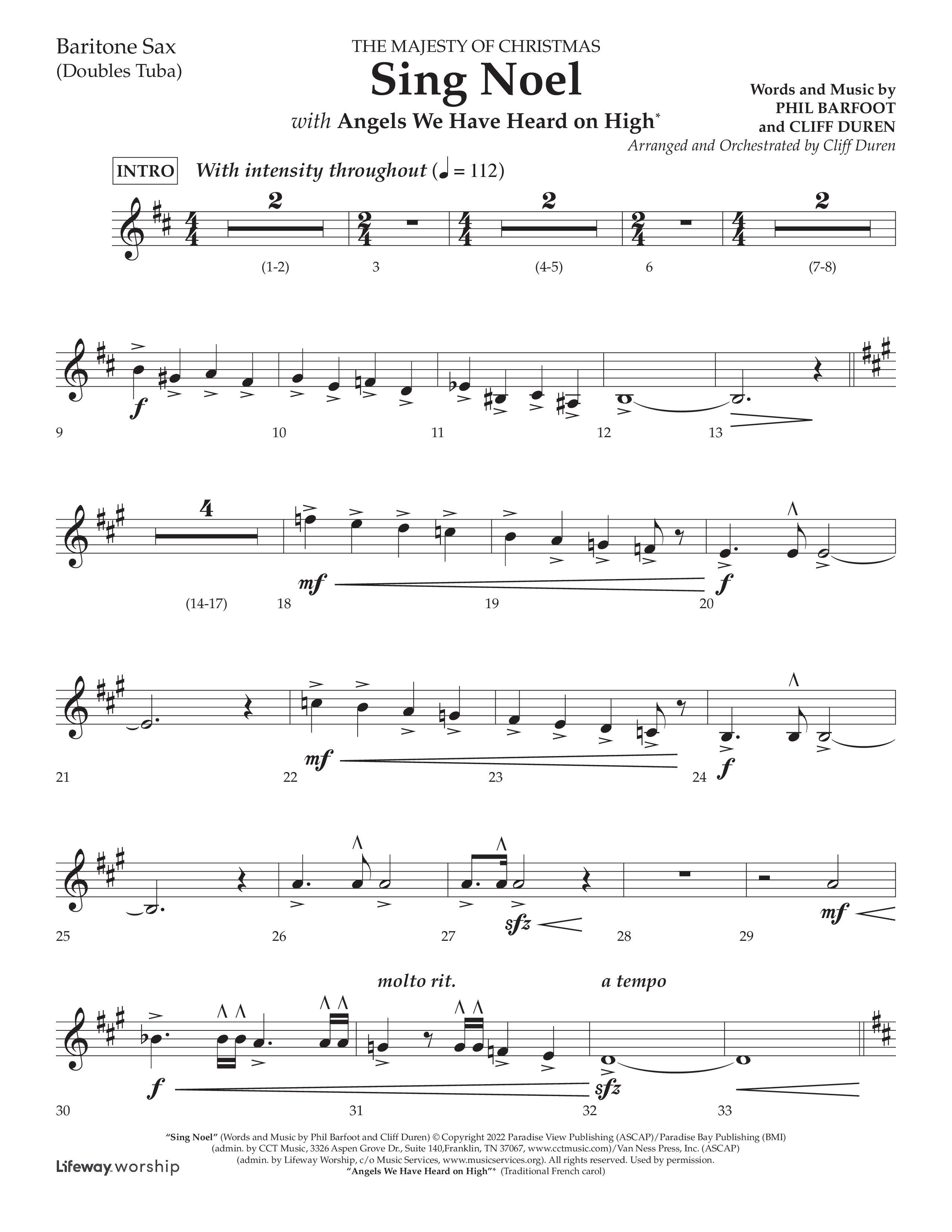 Sing Noel (with Angels We Have Heard on High) (Choral Anthem SATB) Bari Sax (Lifeway Choral / Arr. Cliff Duren)