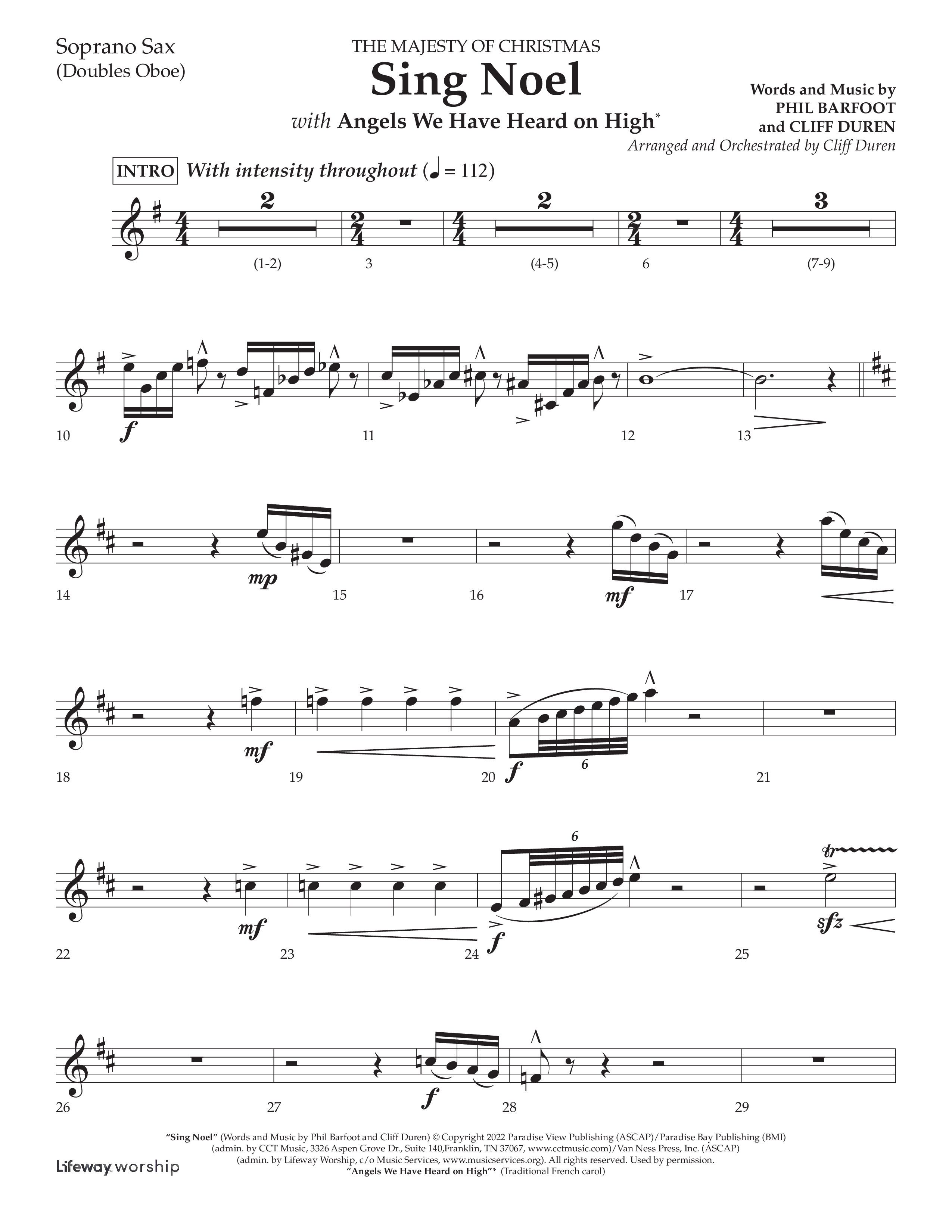 Sing Noel (with Angels We Have Heard on High) (Choral Anthem SATB) Soprano Sax (Lifeway Choral / Arr. Cliff Duren)