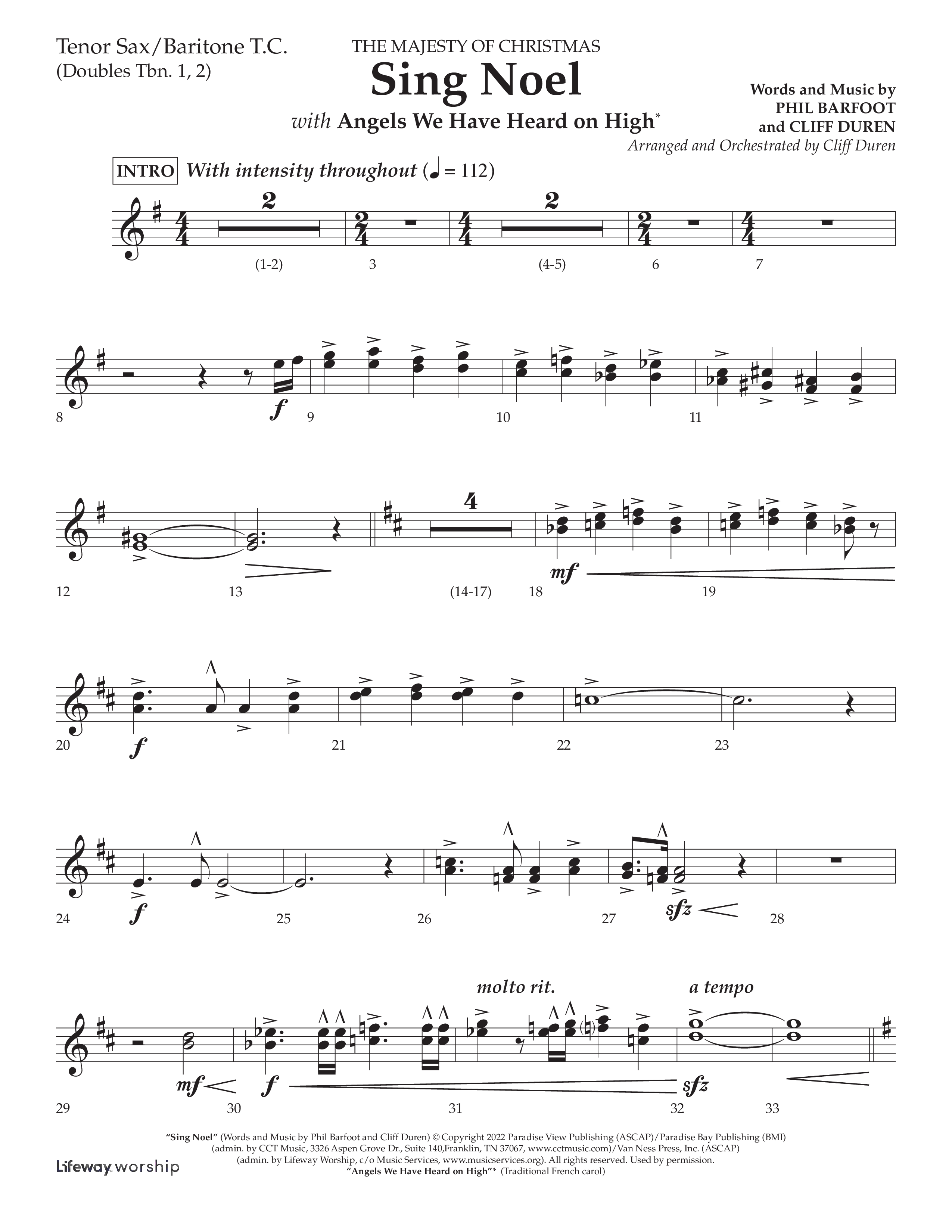 Sing Noel (with Angels We Have Heard on High) (Choral Anthem SATB) Tenor Sax/Baritone T.C. (Lifeway Choral / Arr. Cliff Duren)