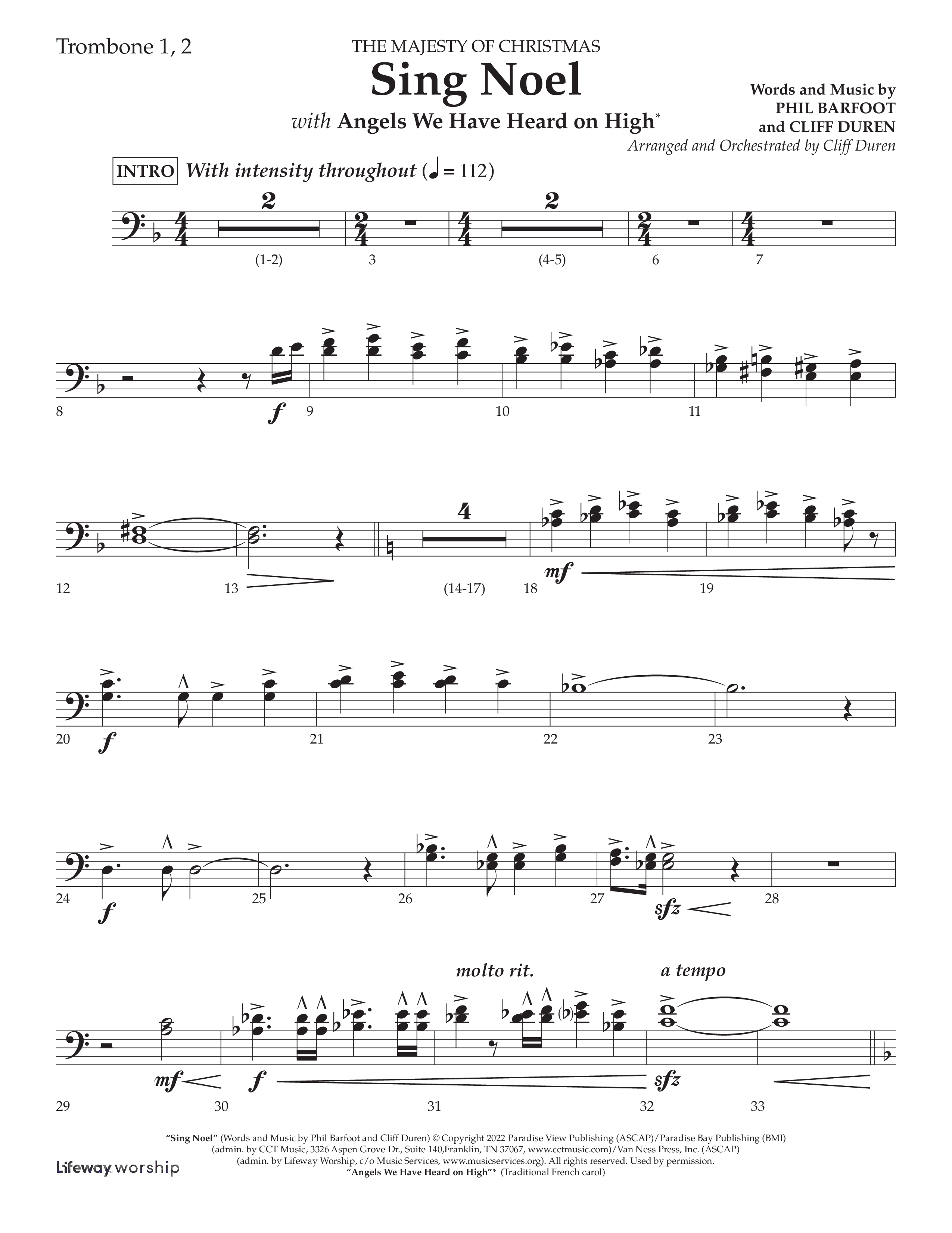 Sing Noel (with Angels We Have Heard on High) (Choral Anthem SATB) Trombone 1/2 (Lifeway Choral / Arr. Cliff Duren)