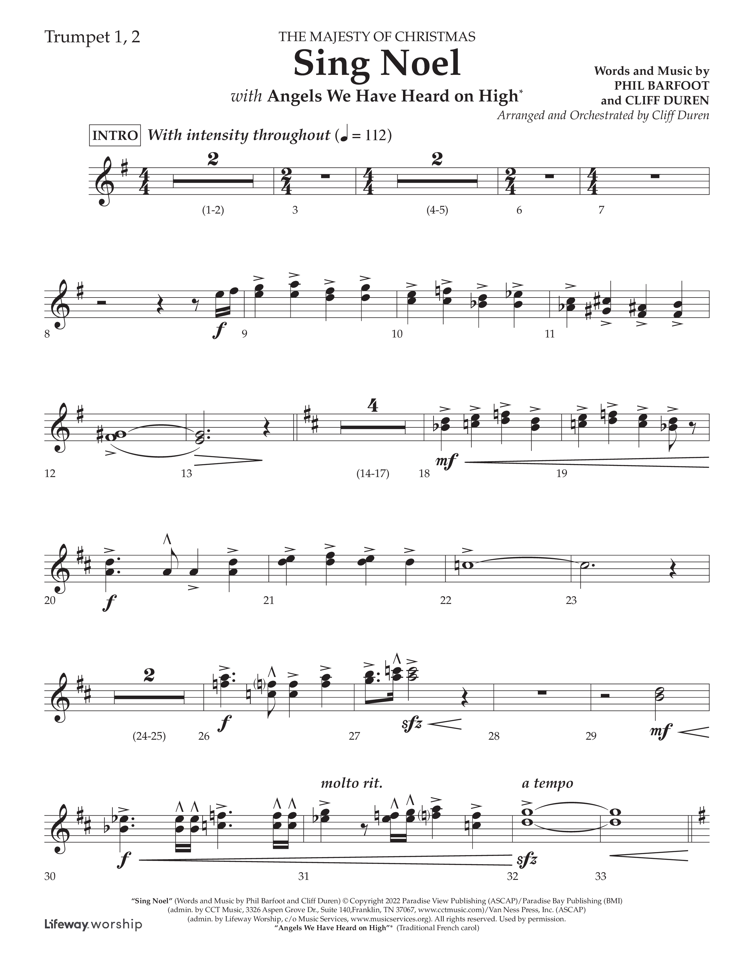Sing Noel (with Angels We Have Heard on High) (Choral Anthem SATB) Trumpet 1,2 (Lifeway Choral / Arr. Cliff Duren)