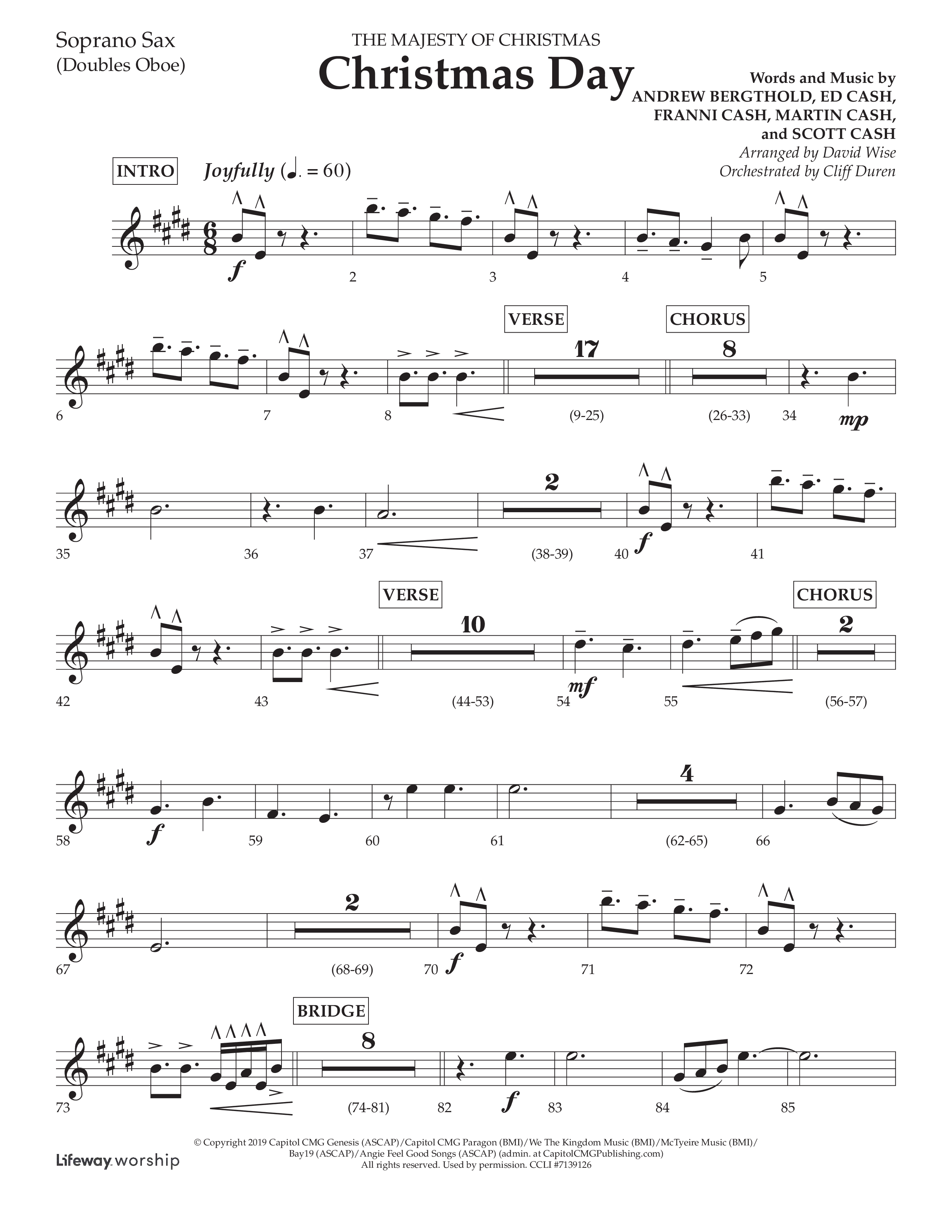 Christmas Day (Choral Anthem SATB) Soprano Sax (Lifeway Choral / Arr. David Wise / Orch. Cliff Duren)