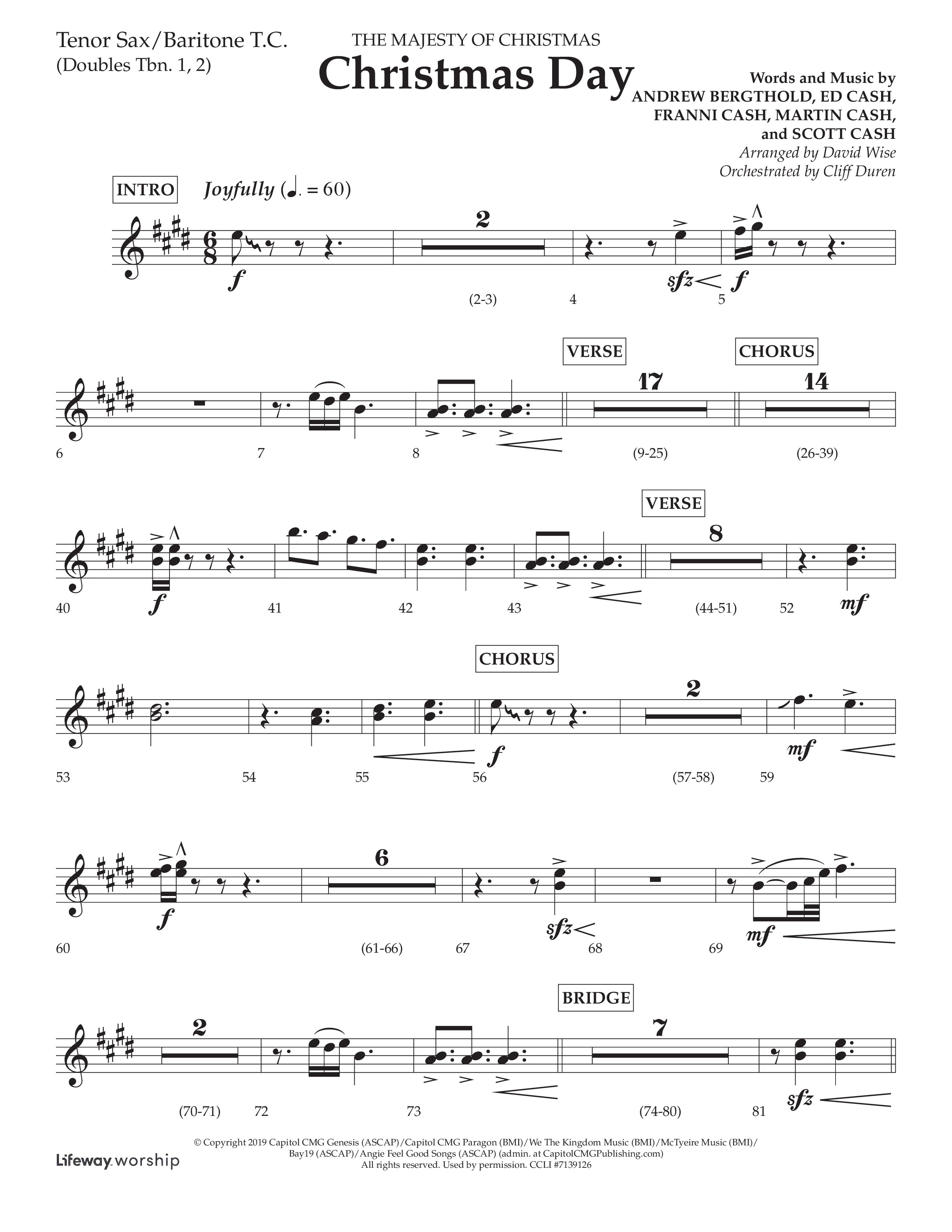 Christmas Day (Choral Anthem SATB) Tenor Sax/Baritone T.C. (Lifeway Choral / Arr. David Wise / Orch. Cliff Duren)