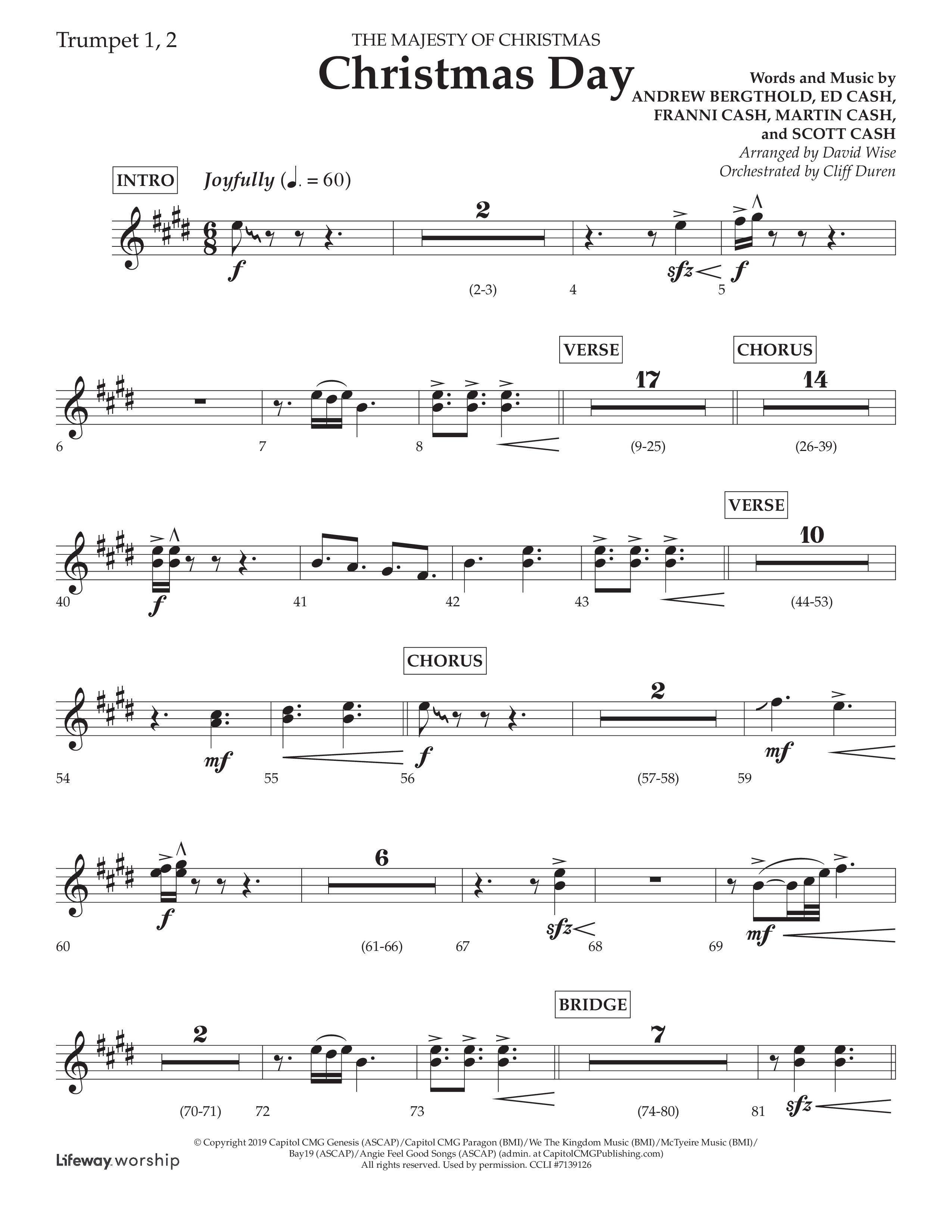 Christmas Day (Choral Anthem SATB) Trumpet 1,2 (Lifeway Choral / Arr. David Wise / Orch. Cliff Duren)