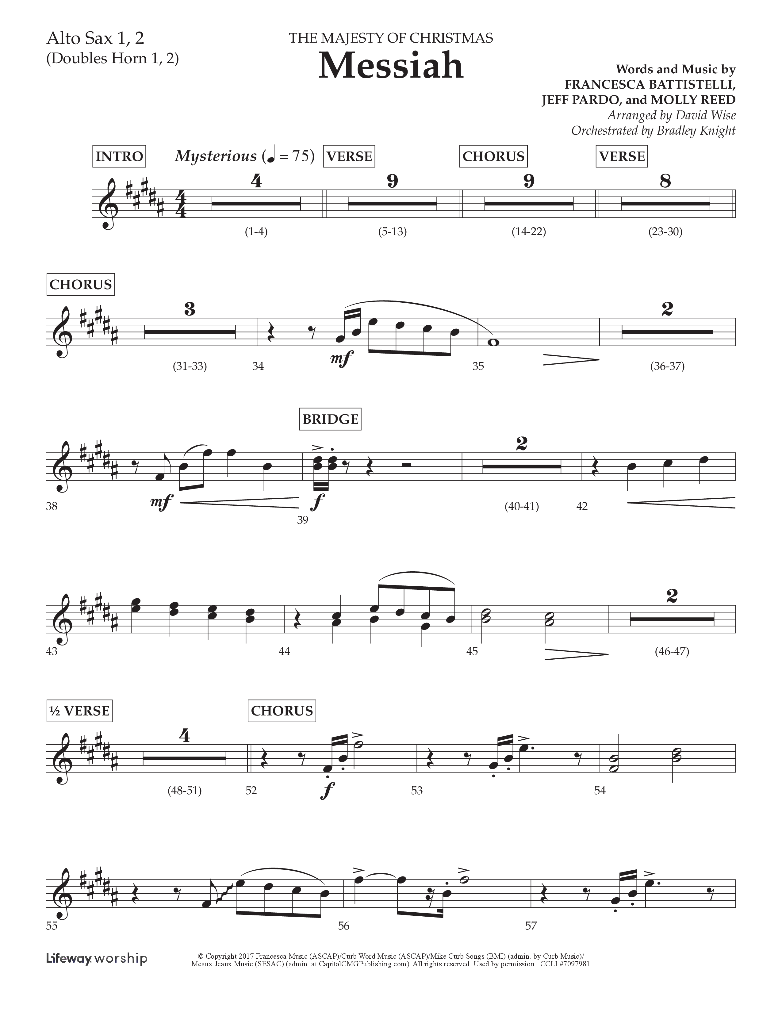 Messiah (Choral Anthem SATB) Alto Sax 1/2 (Lifeway Choral / Arr. David Wise / Orch. Bradley Knight)