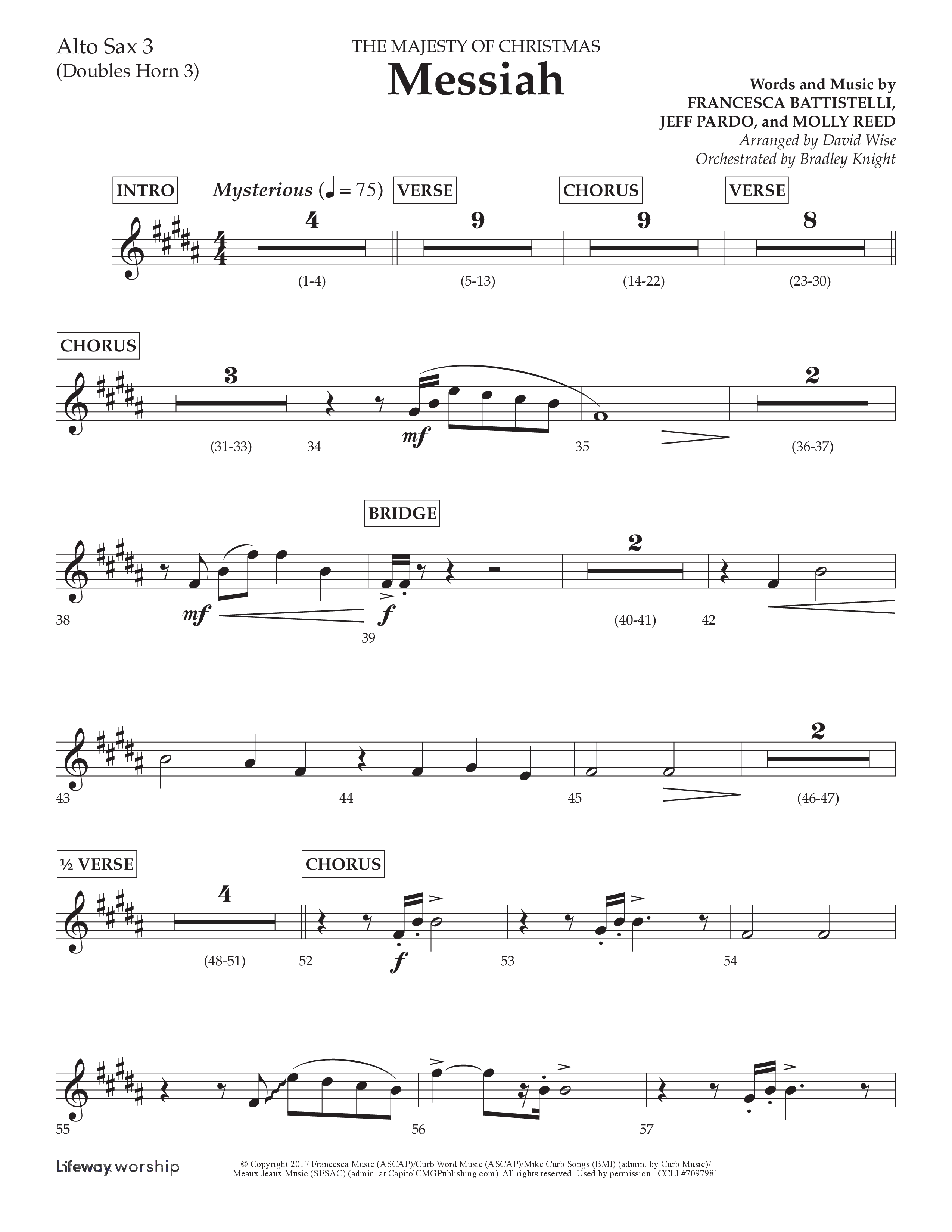 Messiah (Choral Anthem SATB) Alto Sax (Lifeway Choral / Arr. David Wise / Orch. Bradley Knight)