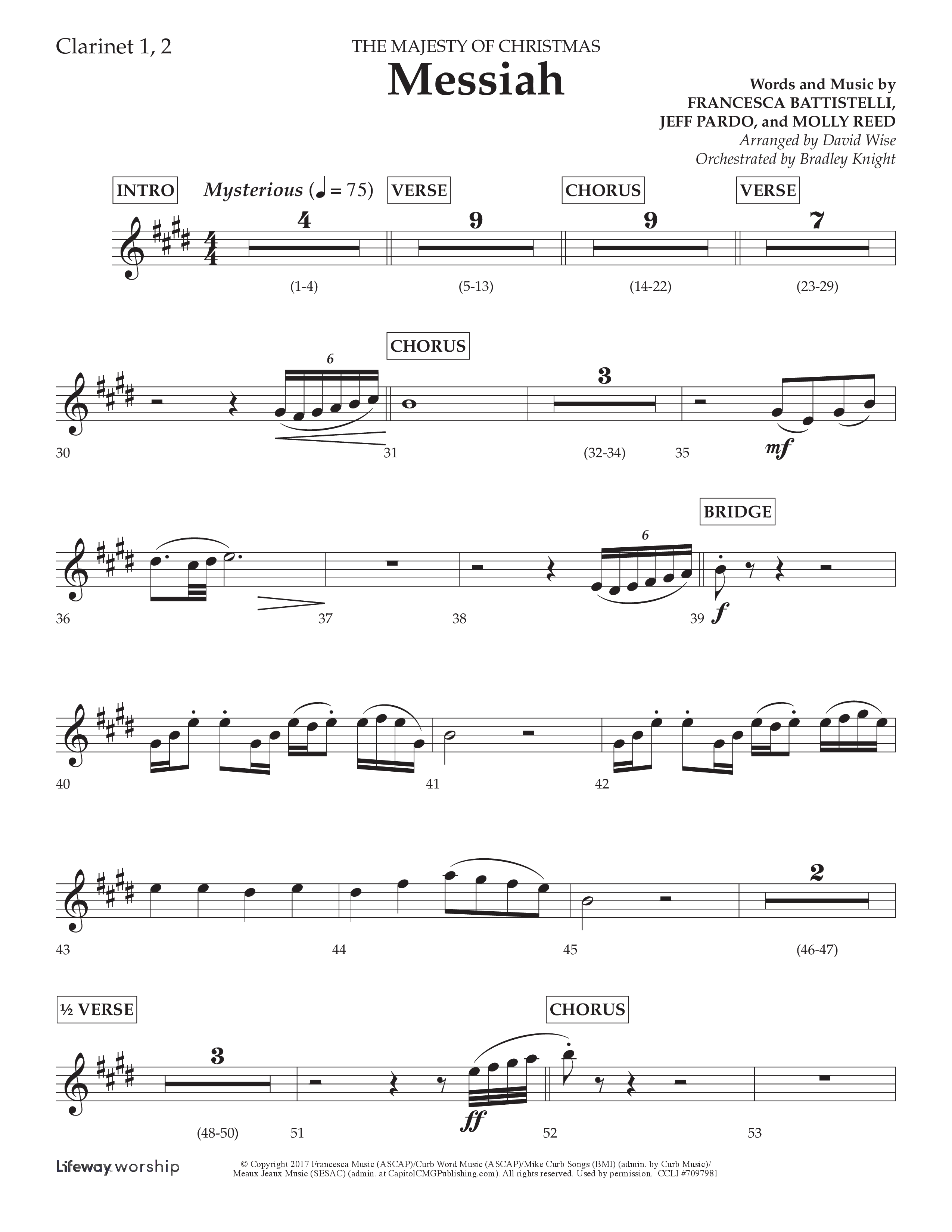 Messiah (Choral Anthem SATB) Clarinet 1/2 (Lifeway Choral / Arr. David Wise / Orch. Bradley Knight)