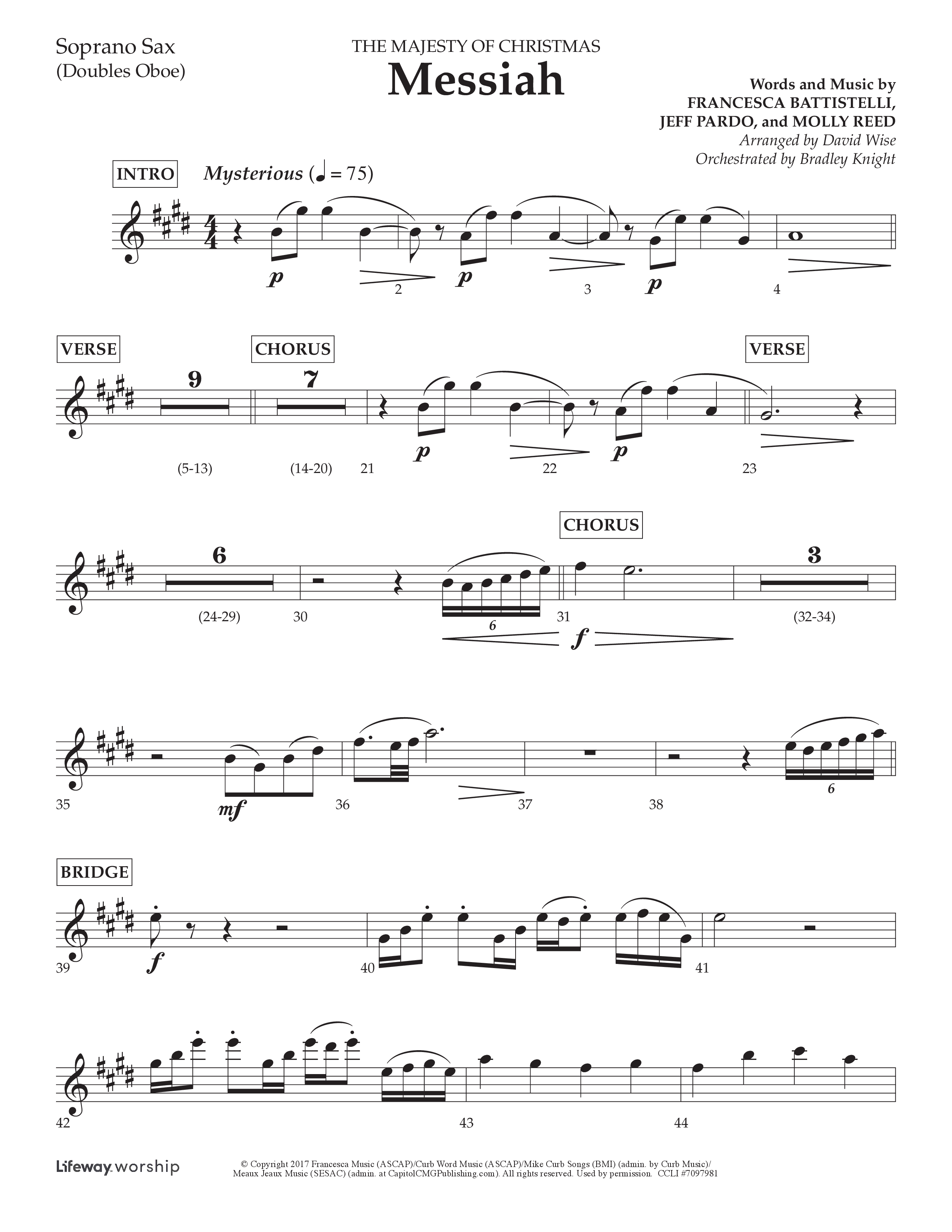 Messiah (Choral Anthem SATB) Soprano Sax (Lifeway Choral / Arr. David Wise / Orch. Bradley Knight)