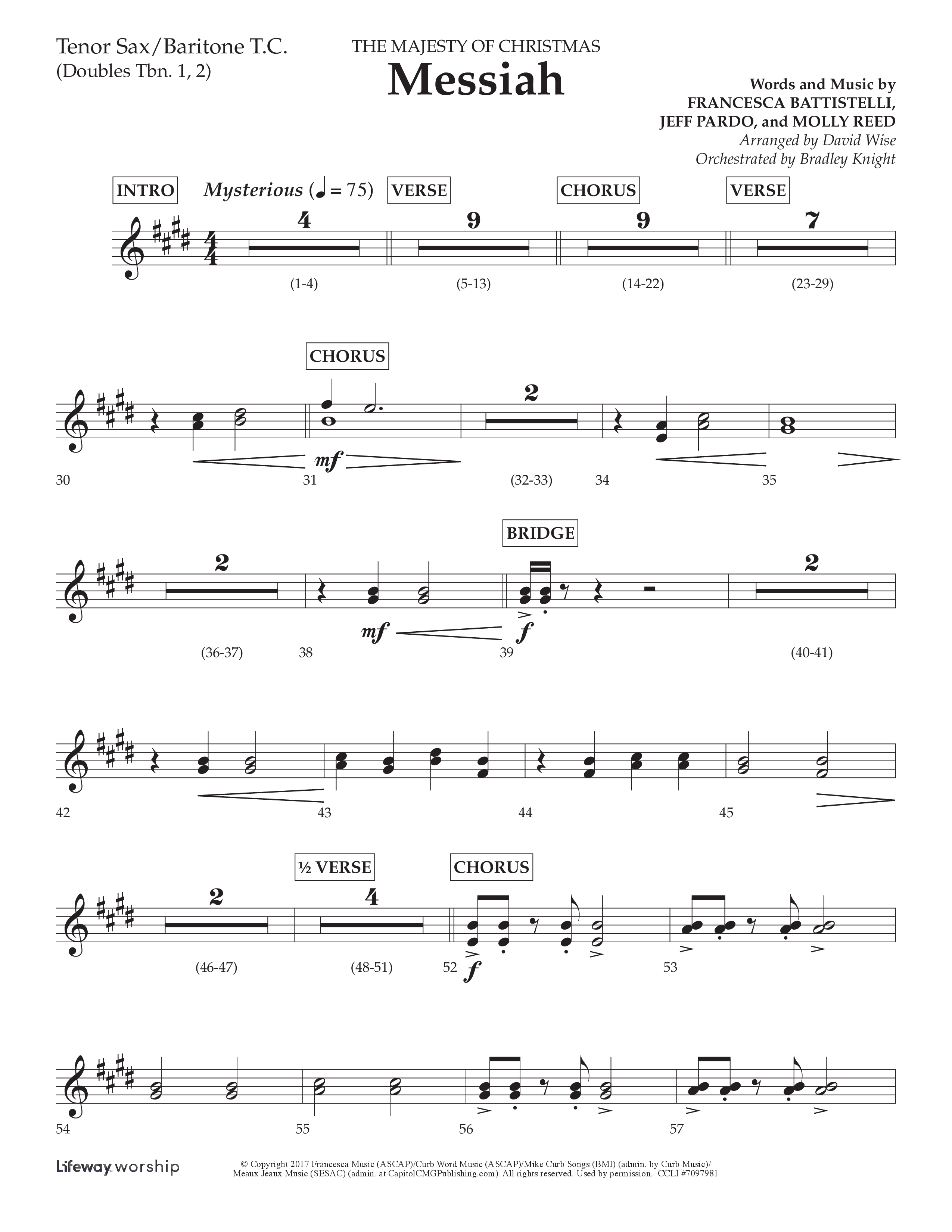 Messiah (Choral Anthem SATB) Tenor Sax/Baritone T.C. (Lifeway Choral / Arr. David Wise / Orch. Bradley Knight)