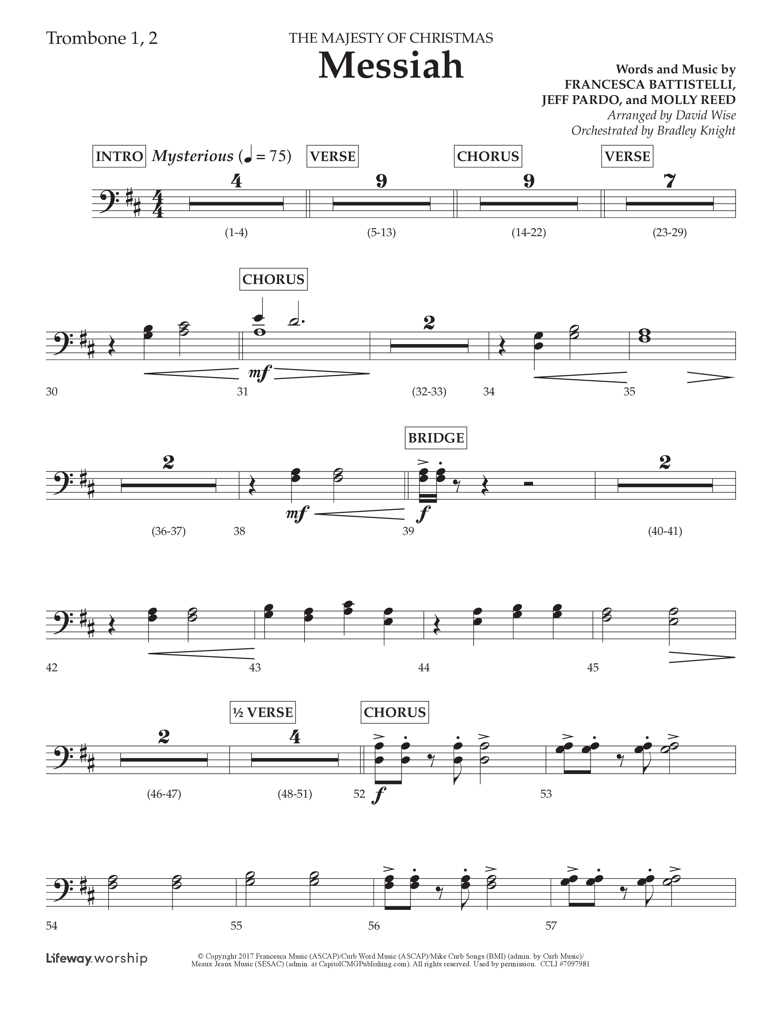 Messiah (Choral Anthem SATB) Trombone 1/2 (Lifeway Choral / Arr. David Wise / Orch. Bradley Knight)