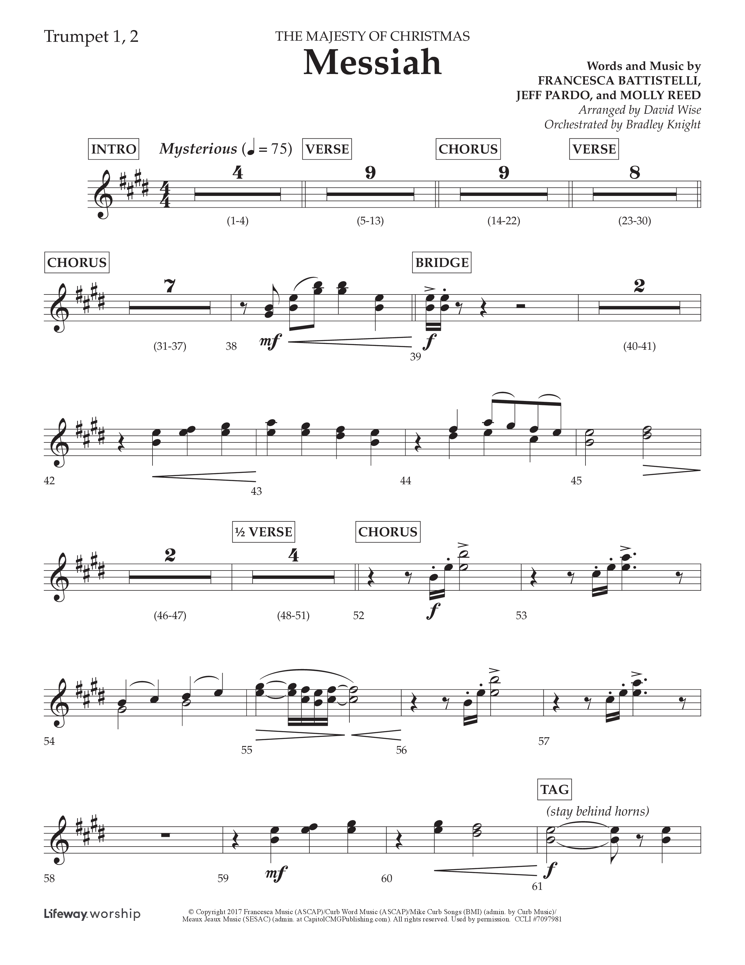 Messiah (Choral Anthem SATB) Trumpet 1,2 (Lifeway Choral / Arr. David Wise / Orch. Bradley Knight)
