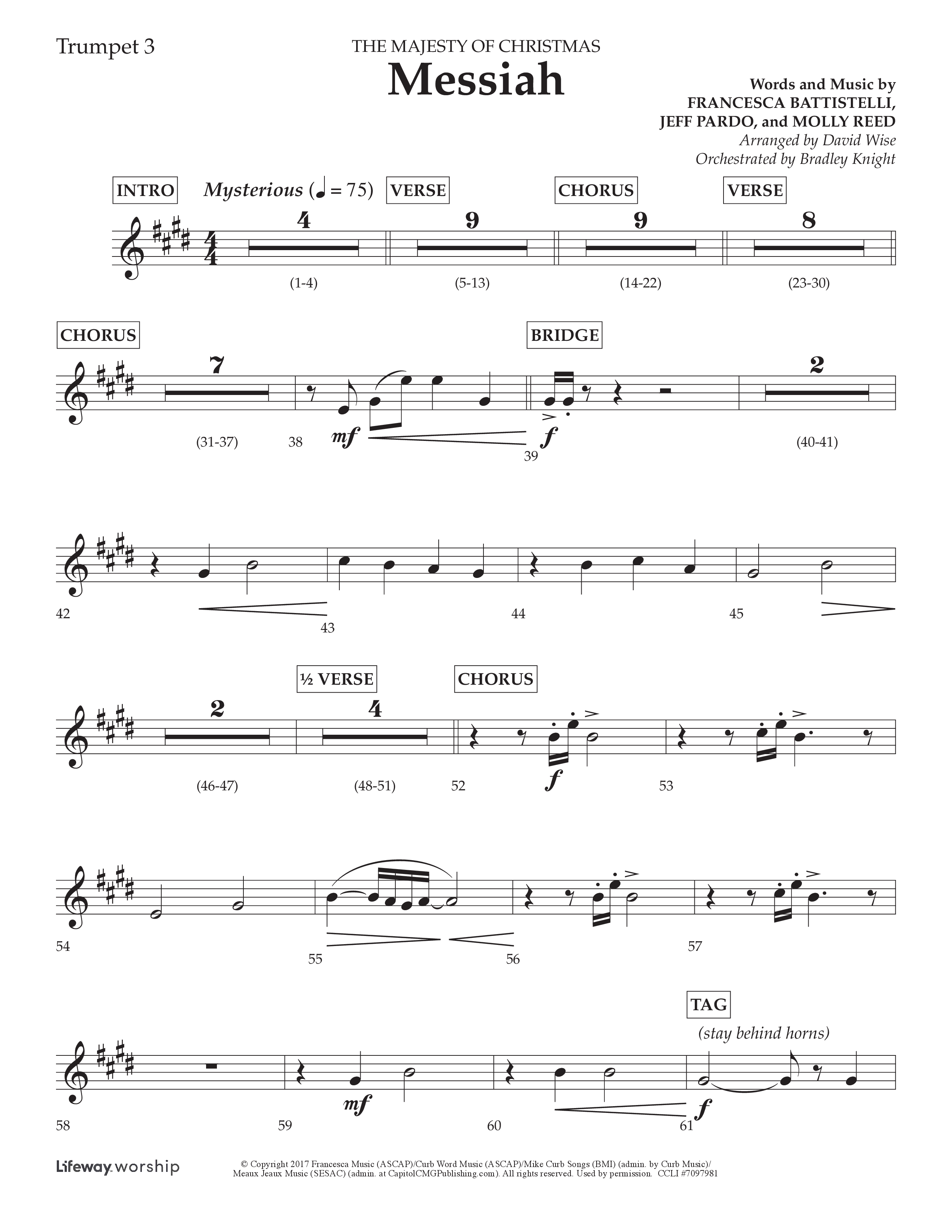 Messiah (Choral Anthem SATB) Trumpet 3 (Lifeway Choral / Arr. David Wise / Orch. Bradley Knight)