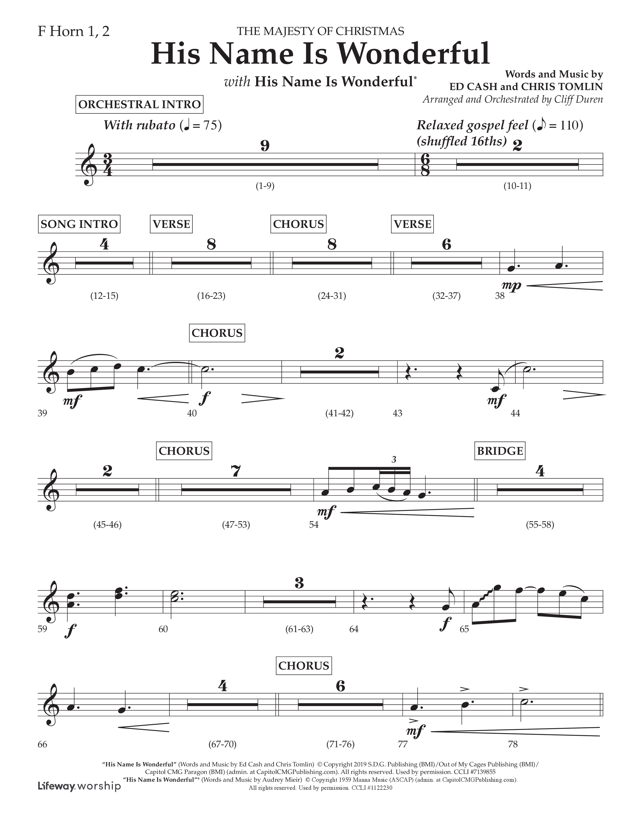 His Name is Wonderful (with His Name is Wonderful) (Choral Anthem SATB) French Horn 1/2 (Lifeway Choral / Arr. Cliff Duren)