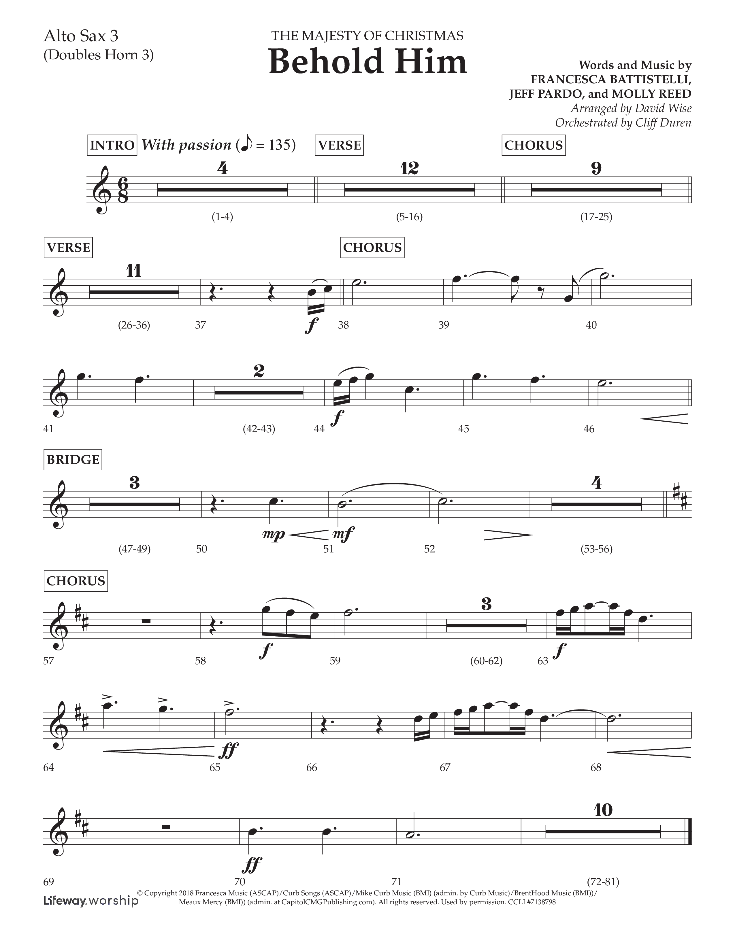 Behold Him (Choral Anthem SATB) Alto Sax (Lifeway Choral / Arr. David Wise / Orch. Cliff Duren)
