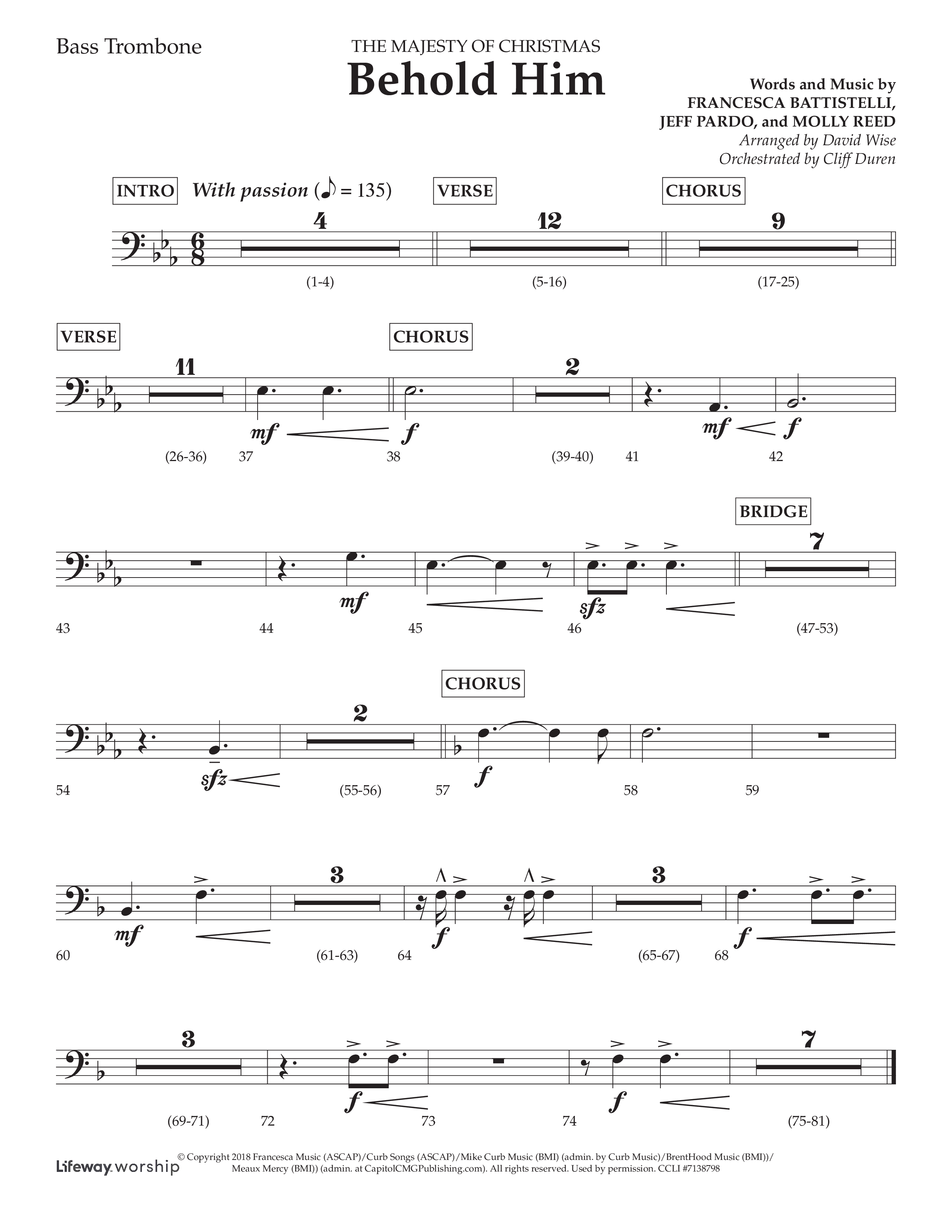 Behold Him (Choral Anthem SATB) Bass Trombone (Lifeway Choral / Arr. David Wise / Orch. Cliff Duren)