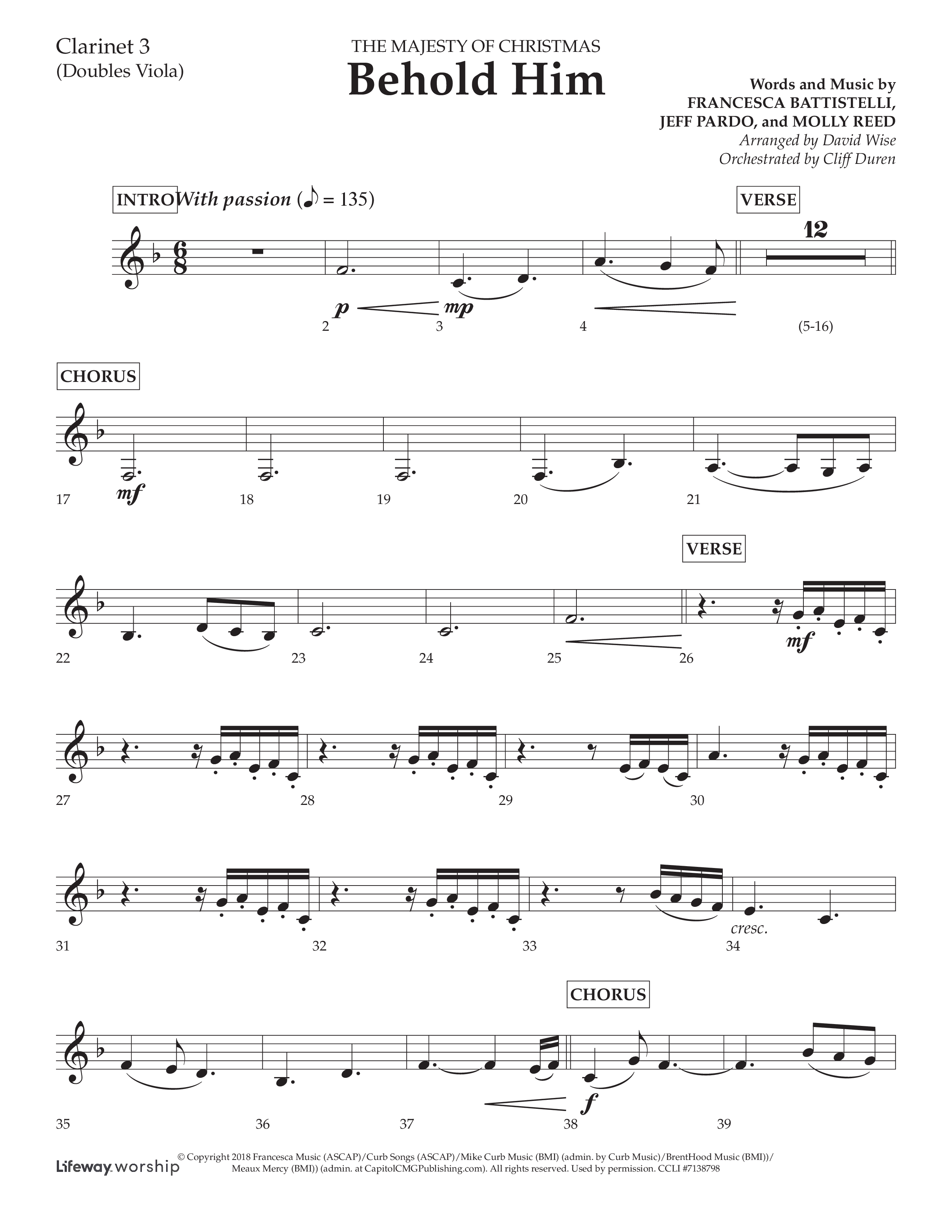 Behold Him (Choral Anthem SATB) Clarinet 3 (Lifeway Choral / Arr. David Wise / Orch. Cliff Duren)