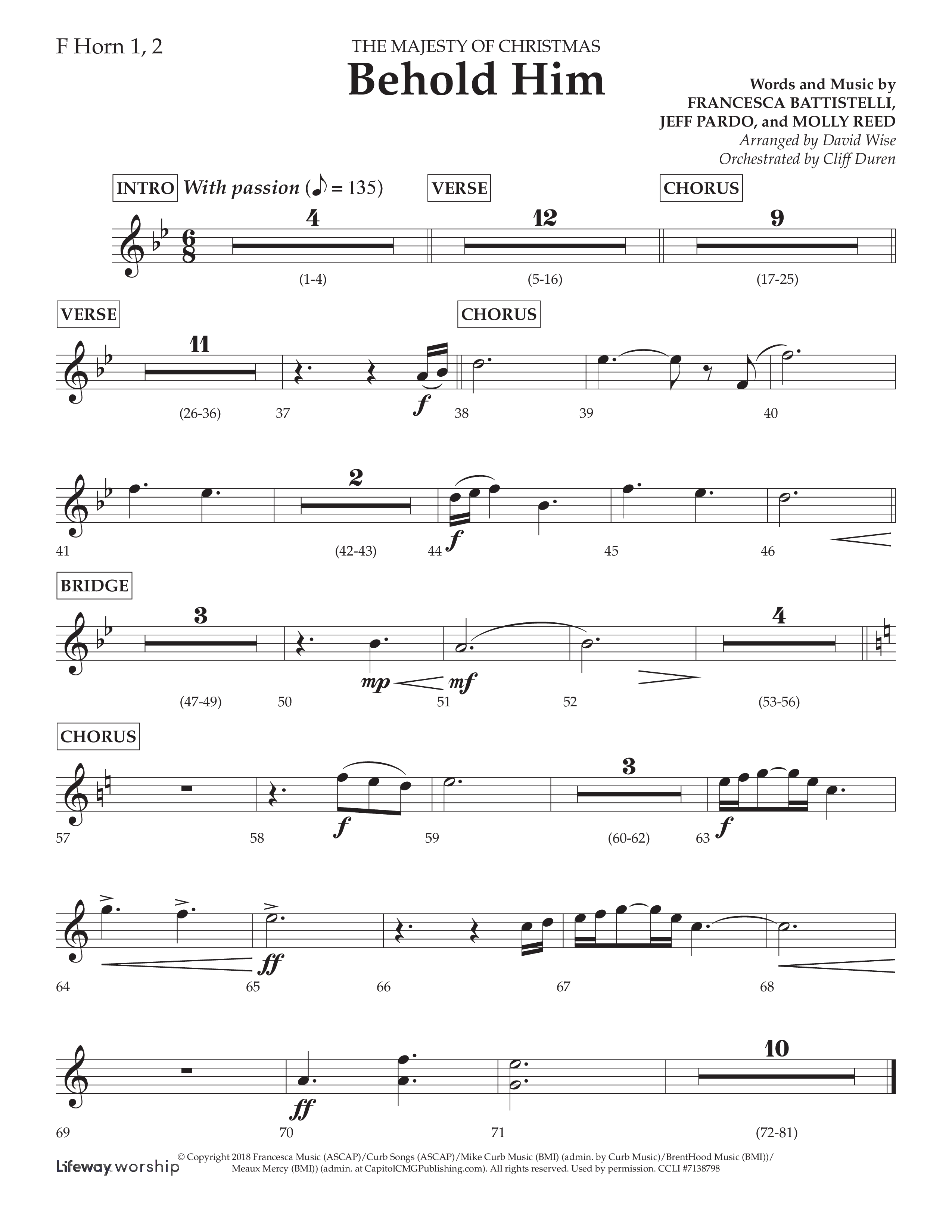 Behold Him (Choral Anthem SATB) French Horn 1/2 (Lifeway Choral / Arr. David Wise / Orch. Cliff Duren)