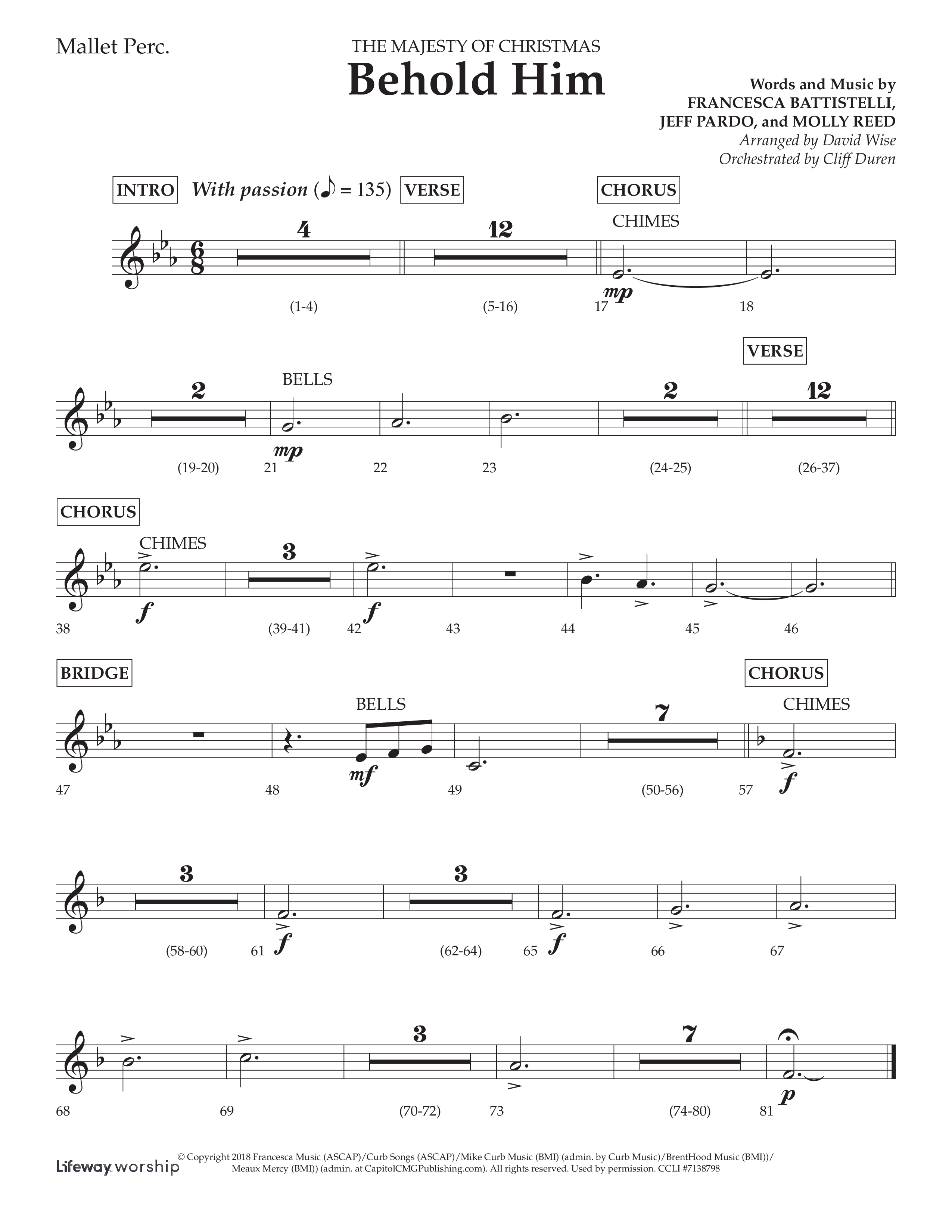 Behold Him (Choral Anthem SATB) Mallets (Lifeway Choral / Arr. David Wise / Orch. Cliff Duren)