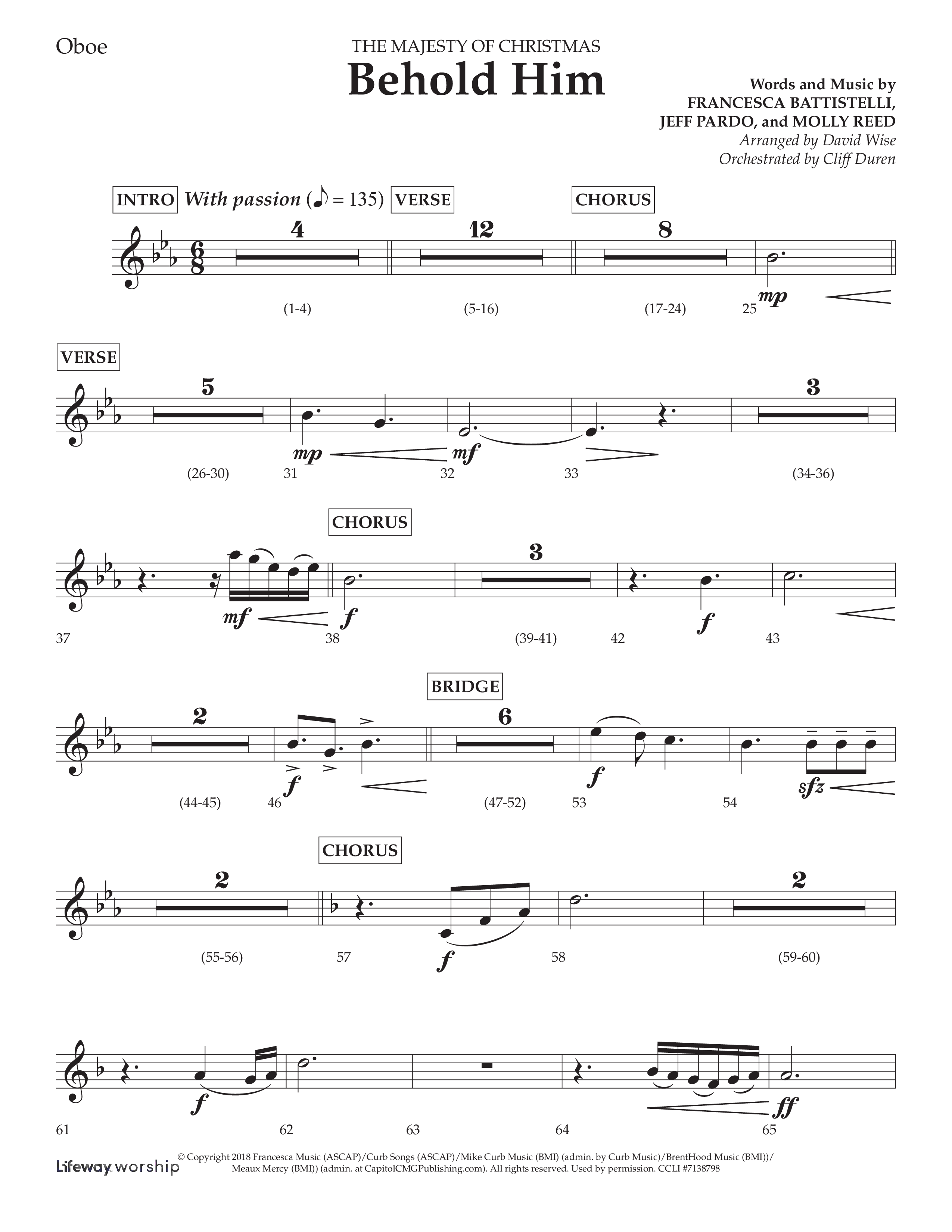Behold Him (Choral Anthem SATB) Oboe (Lifeway Choral / Arr. David Wise / Orch. Cliff Duren)