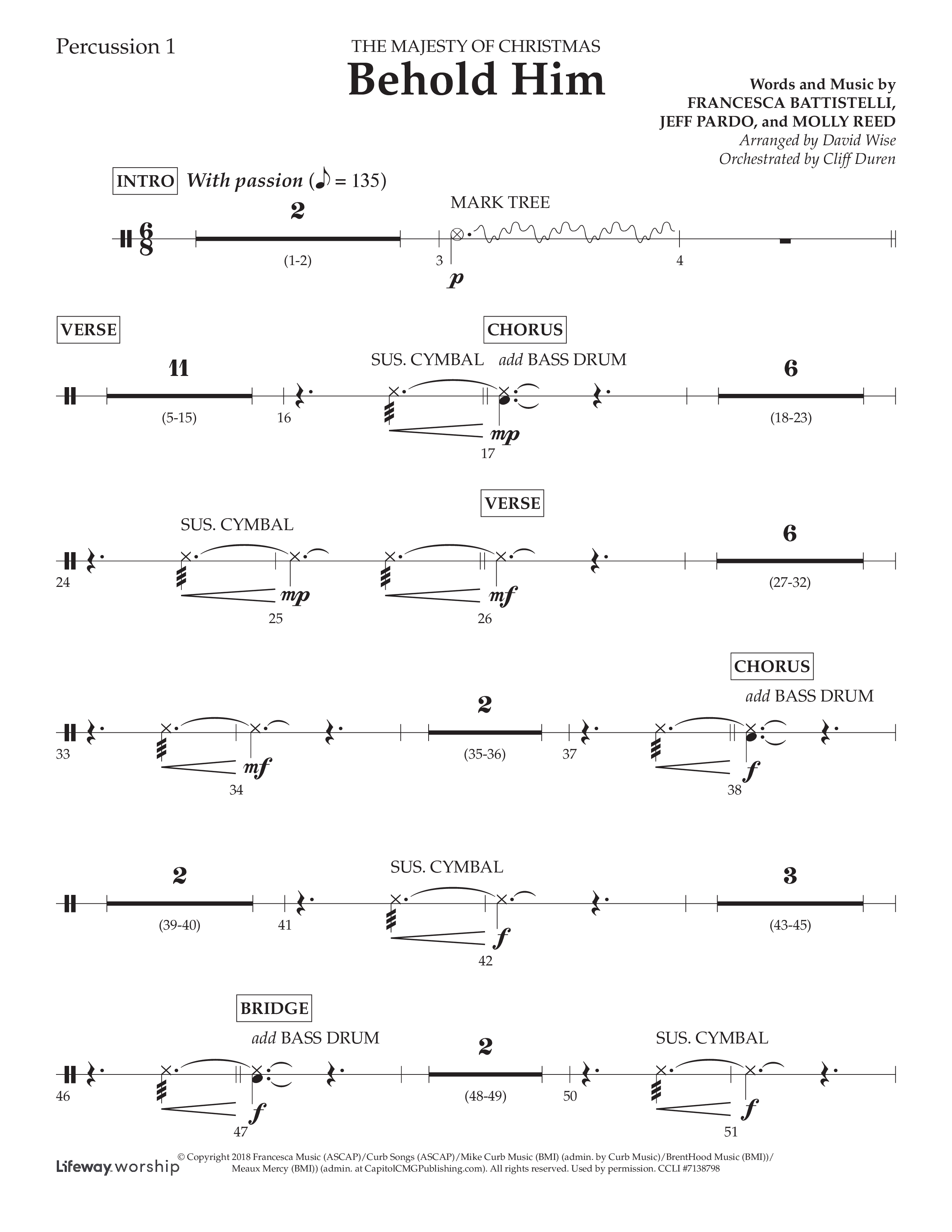 Behold Him (Choral Anthem SATB) Percussion 1/2 (Lifeway Choral / Arr. David Wise / Orch. Cliff Duren)