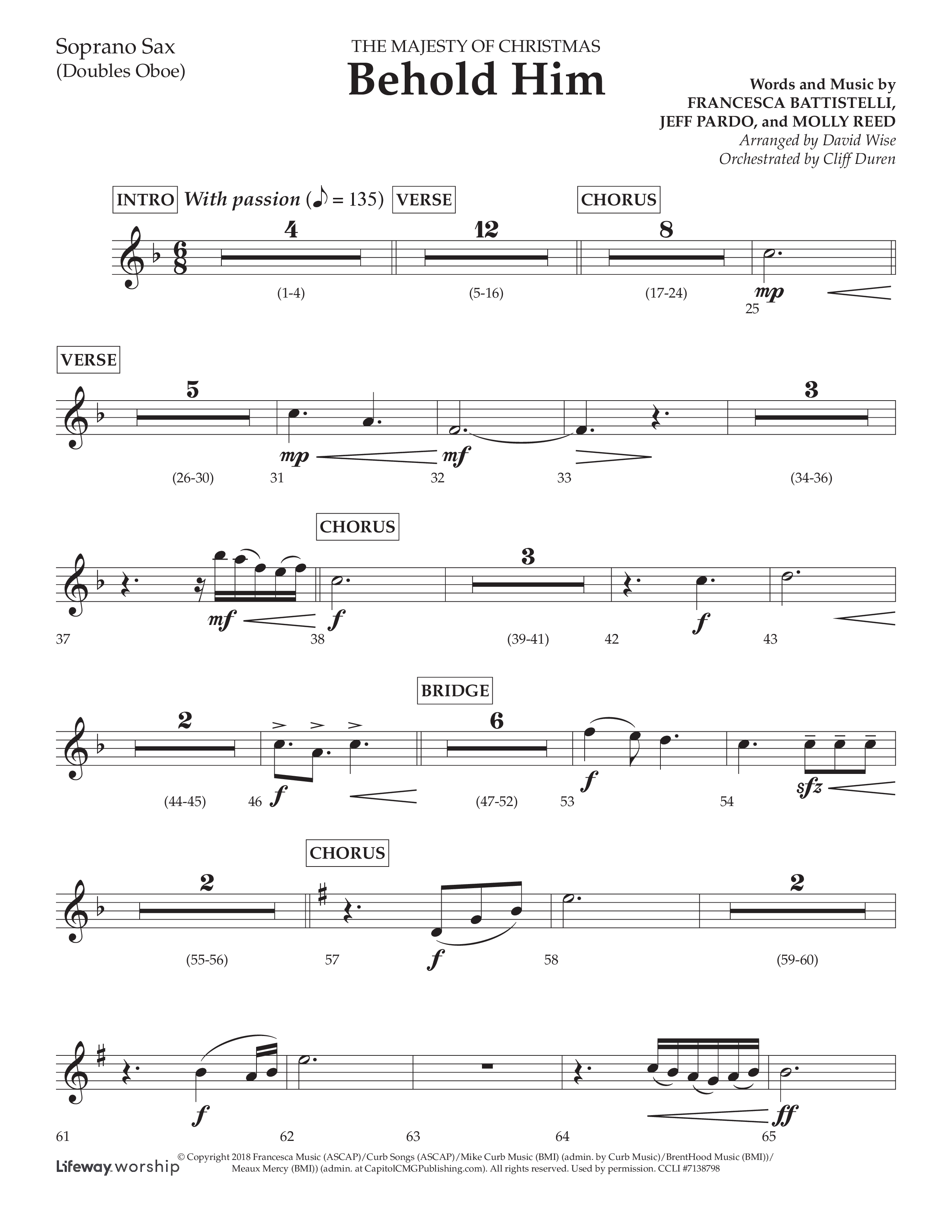 Behold Him (Choral Anthem SATB) Soprano Sax (Lifeway Choral / Arr. David Wise / Orch. Cliff Duren)