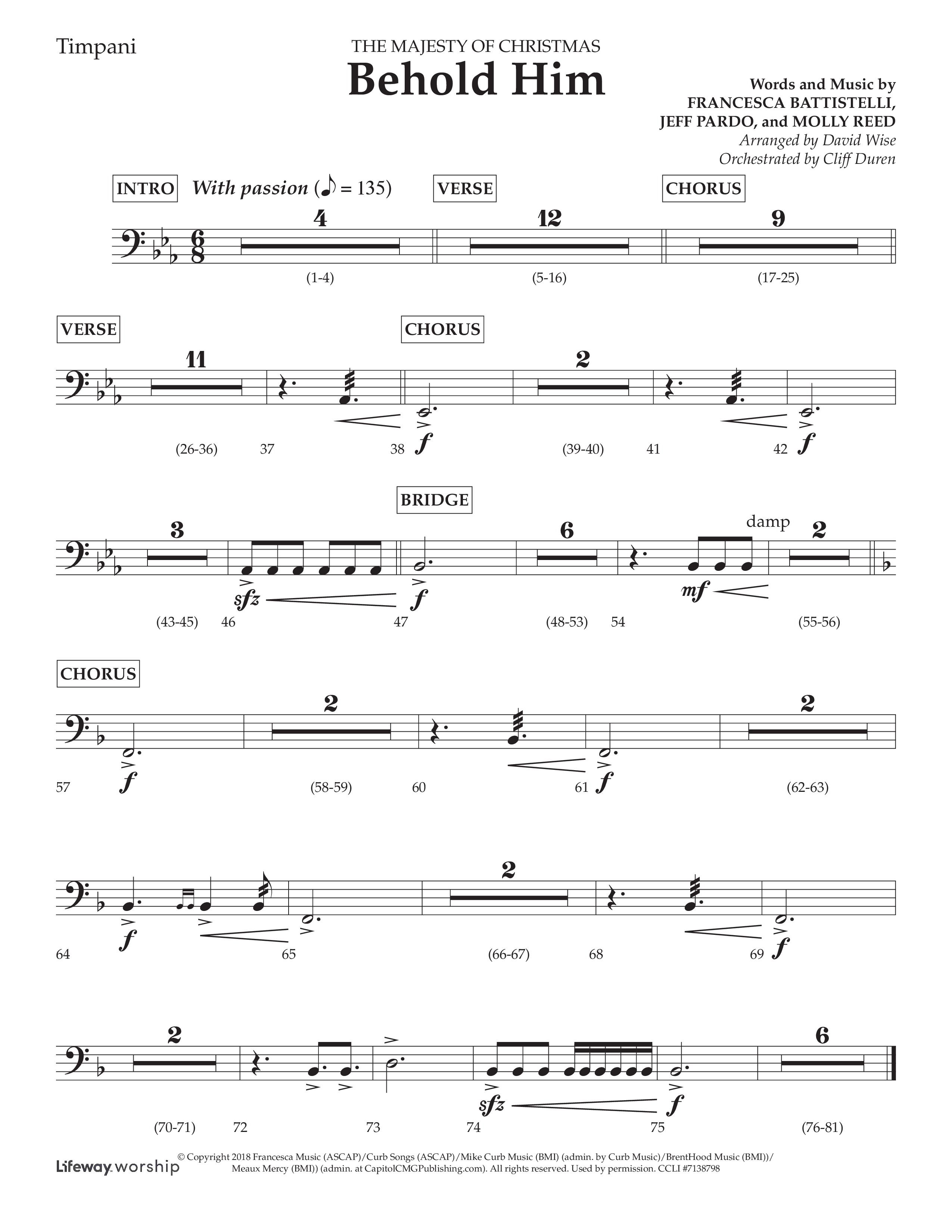 Behold Him (Choral Anthem SATB) Timpani (Lifeway Choral / Arr. David Wise / Orch. Cliff Duren)