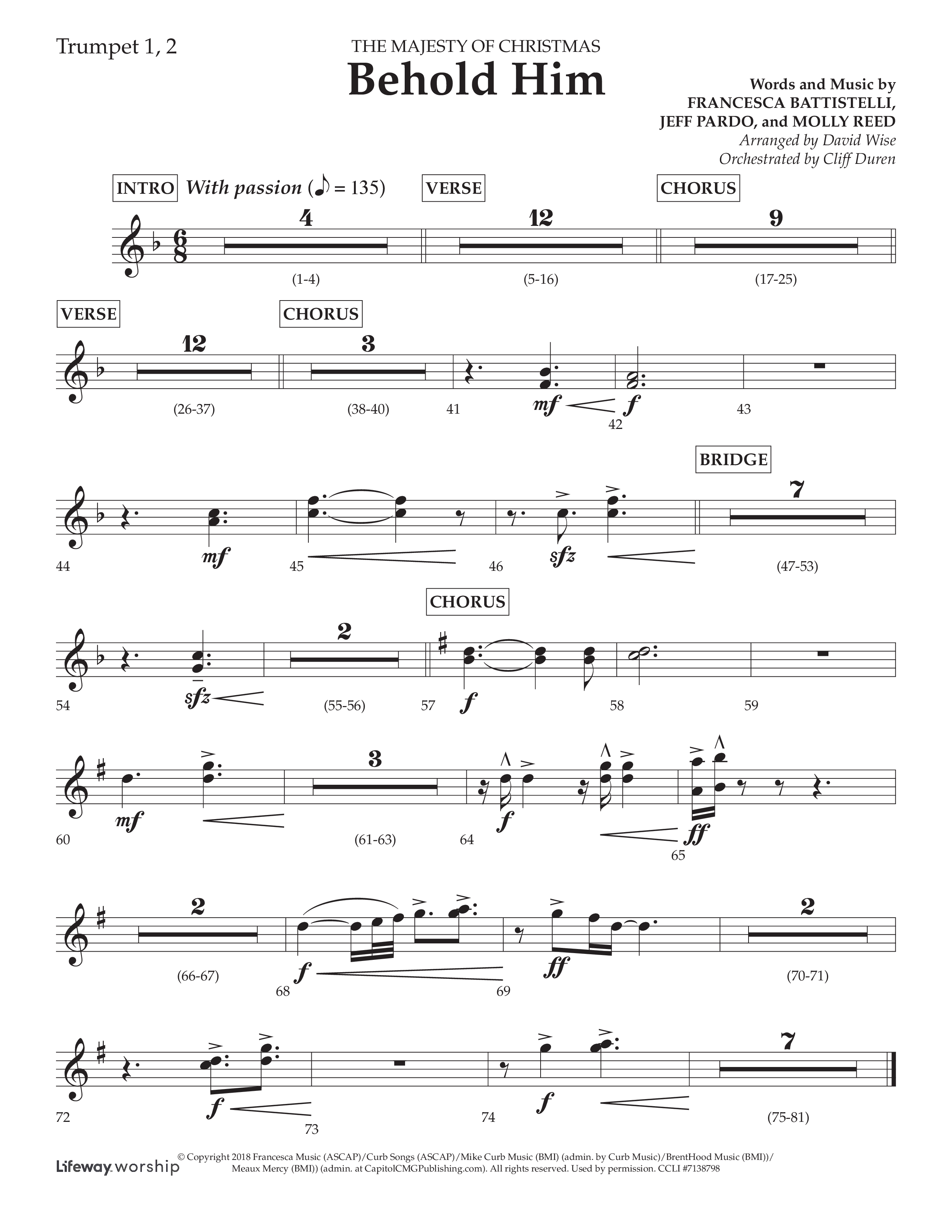 Behold Him (Choral Anthem SATB) Trumpet 1,2 (Lifeway Choral / Arr. David Wise / Orch. Cliff Duren)
